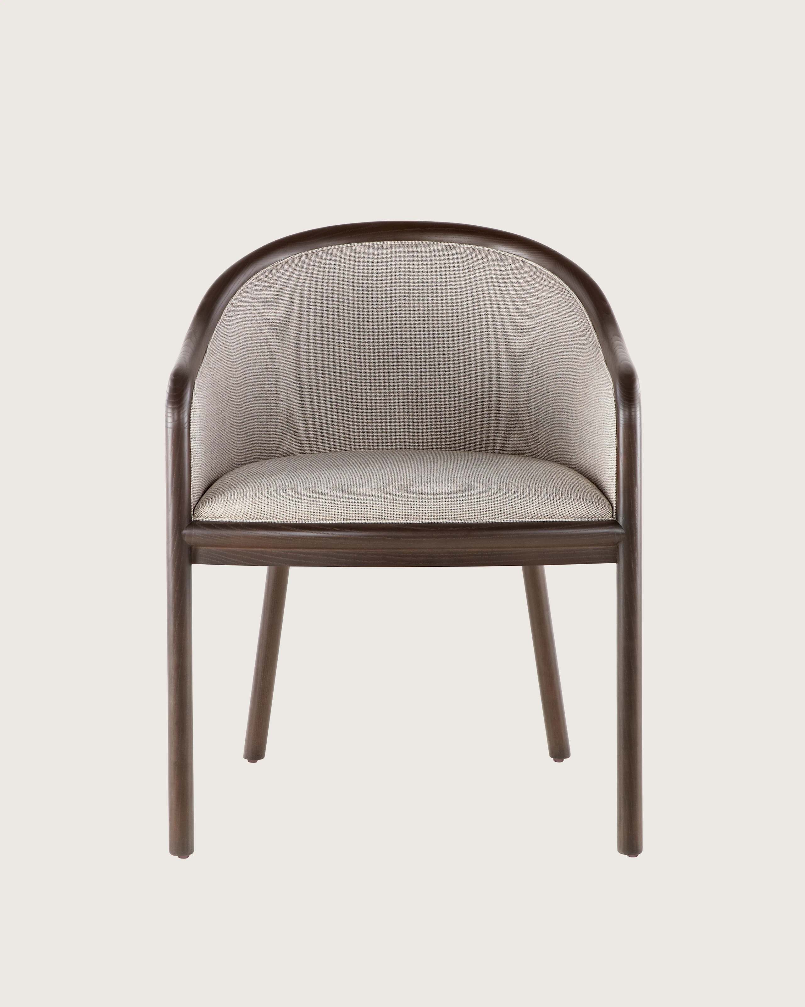 A Landmark side chair with light gray French upholstery, a dark wood frame, and standard-height arms, viewed from the front.