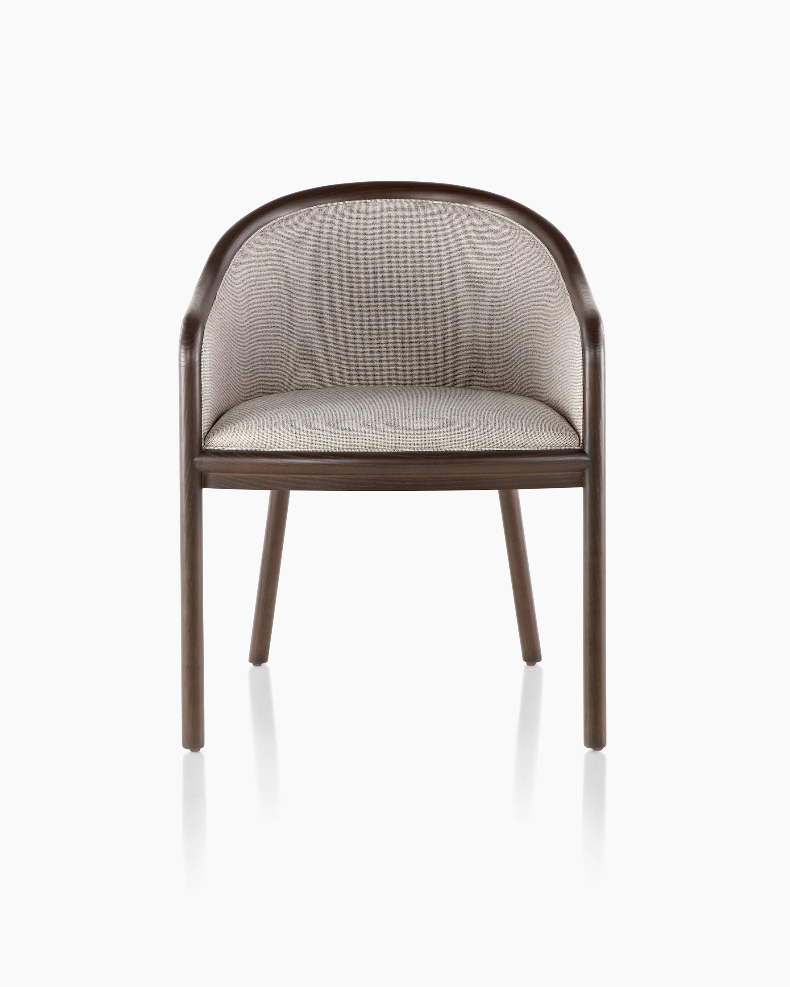 A Landmark side chair with light gray French upholstery, a dark wood frame, and standard-height arms, viewed from the front.