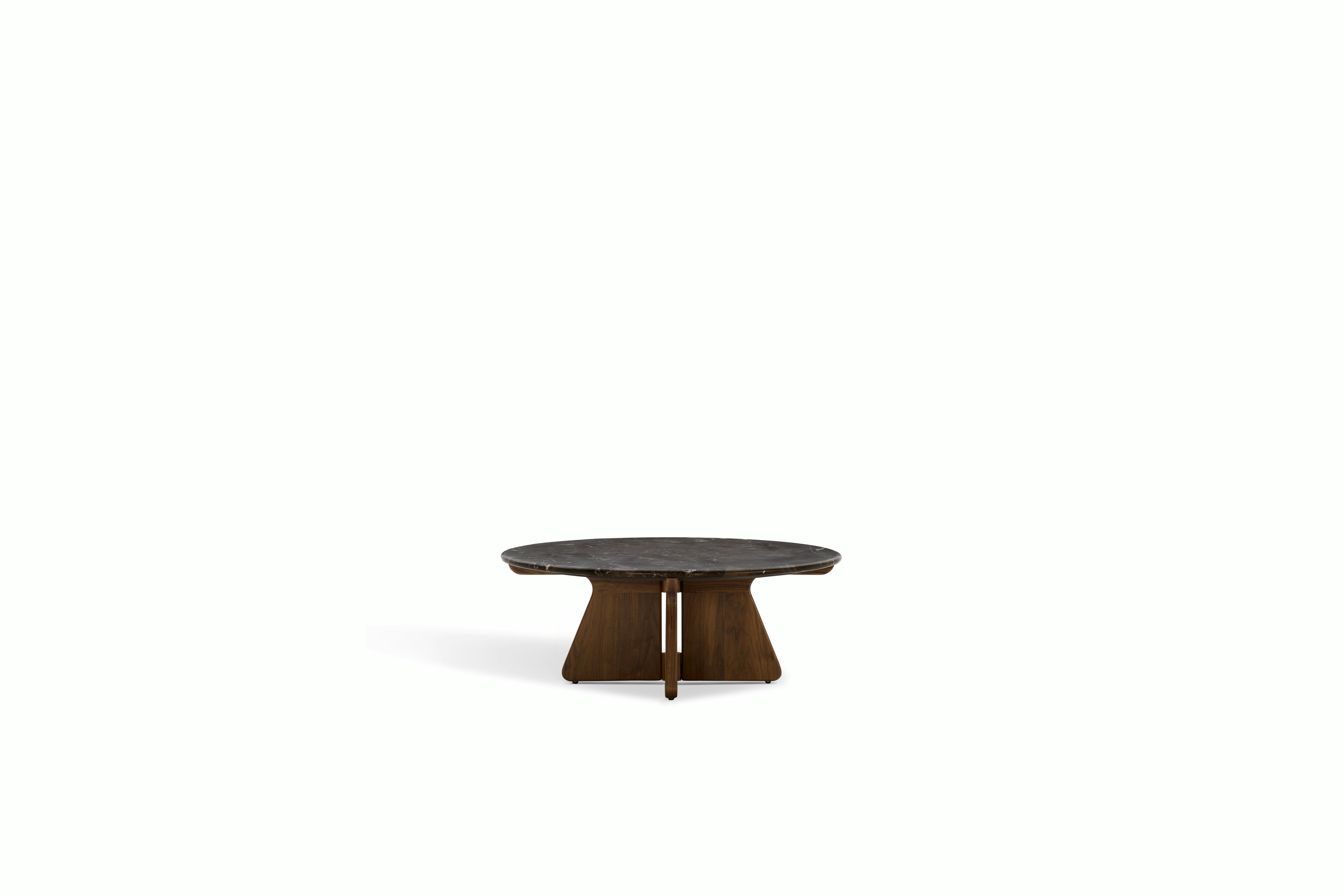 A Pinna Coffee Table in Espresso Walnut viewed from the front.