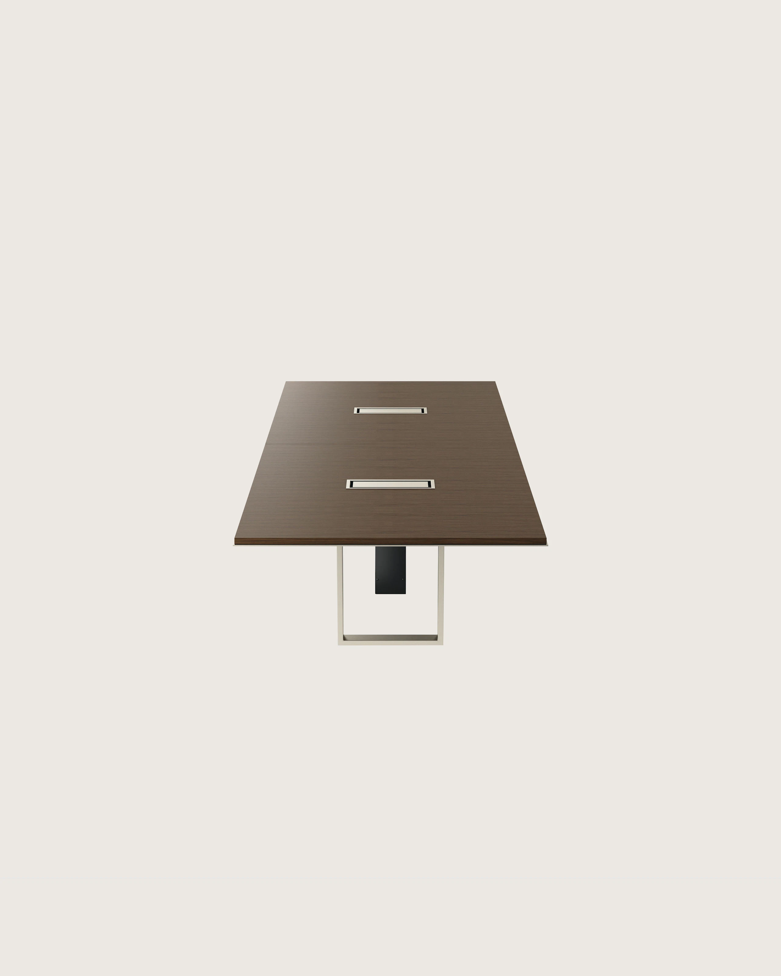 Highline Conference Table in Cashmere Flat Cut Walnut with Satin Nickel edge and base viewed from the side.