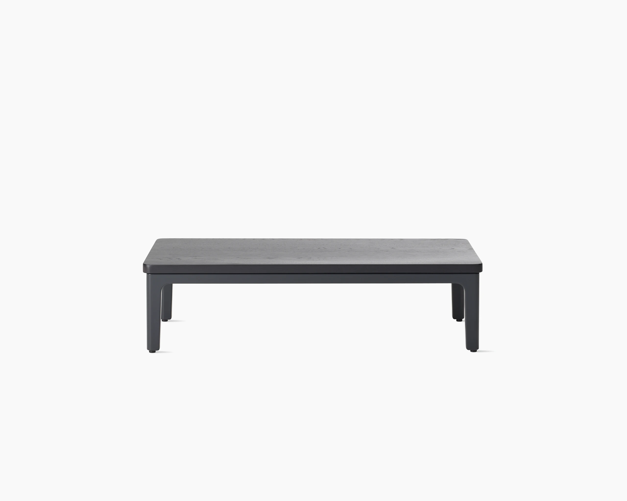 Front view Mimo Coffee Table with black legs and stained oak top on white background.