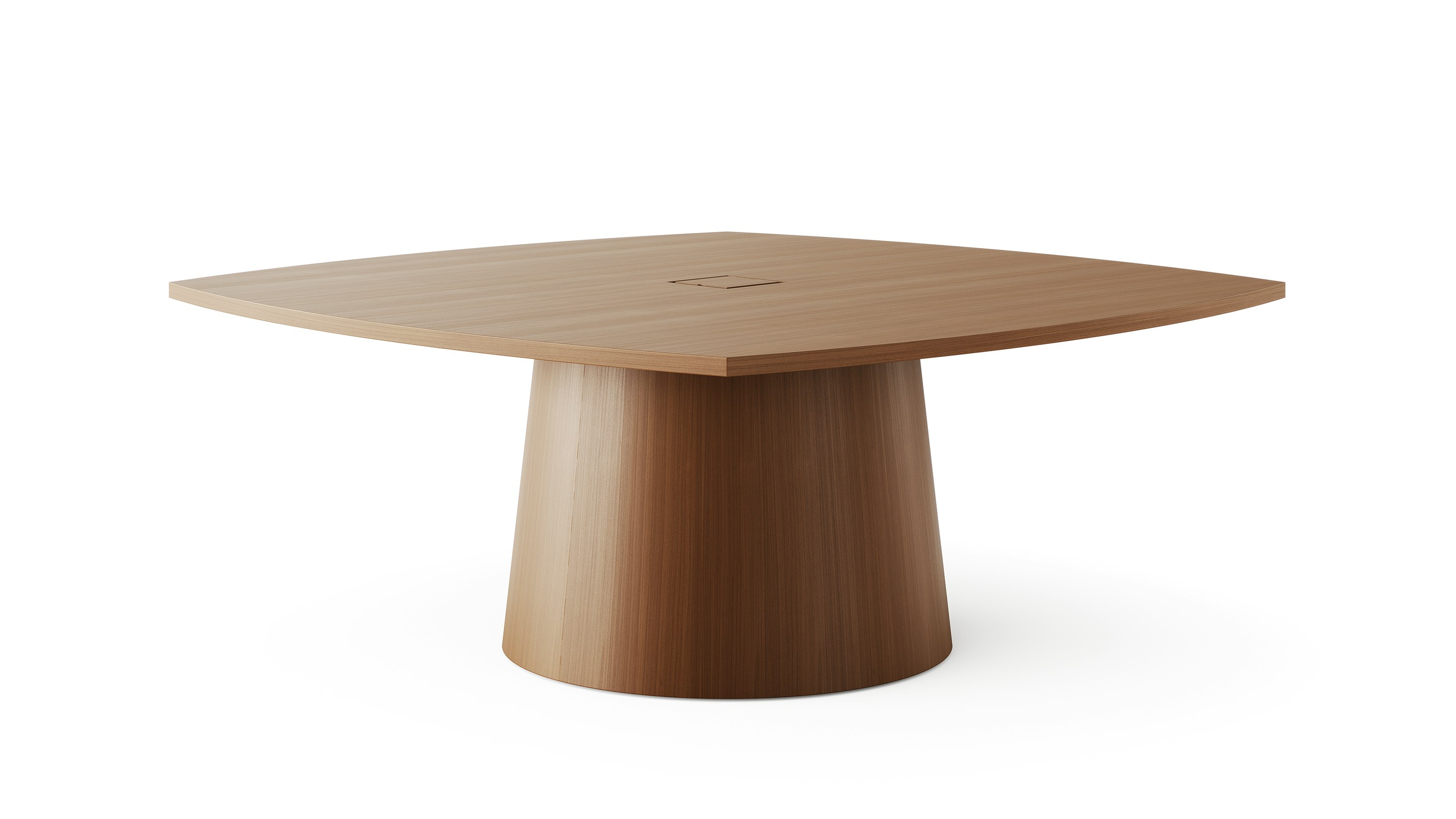 JD Meeting Table with soft square top and round tapered base in natural quarter cut walnut shown at an angle on a white sweep.