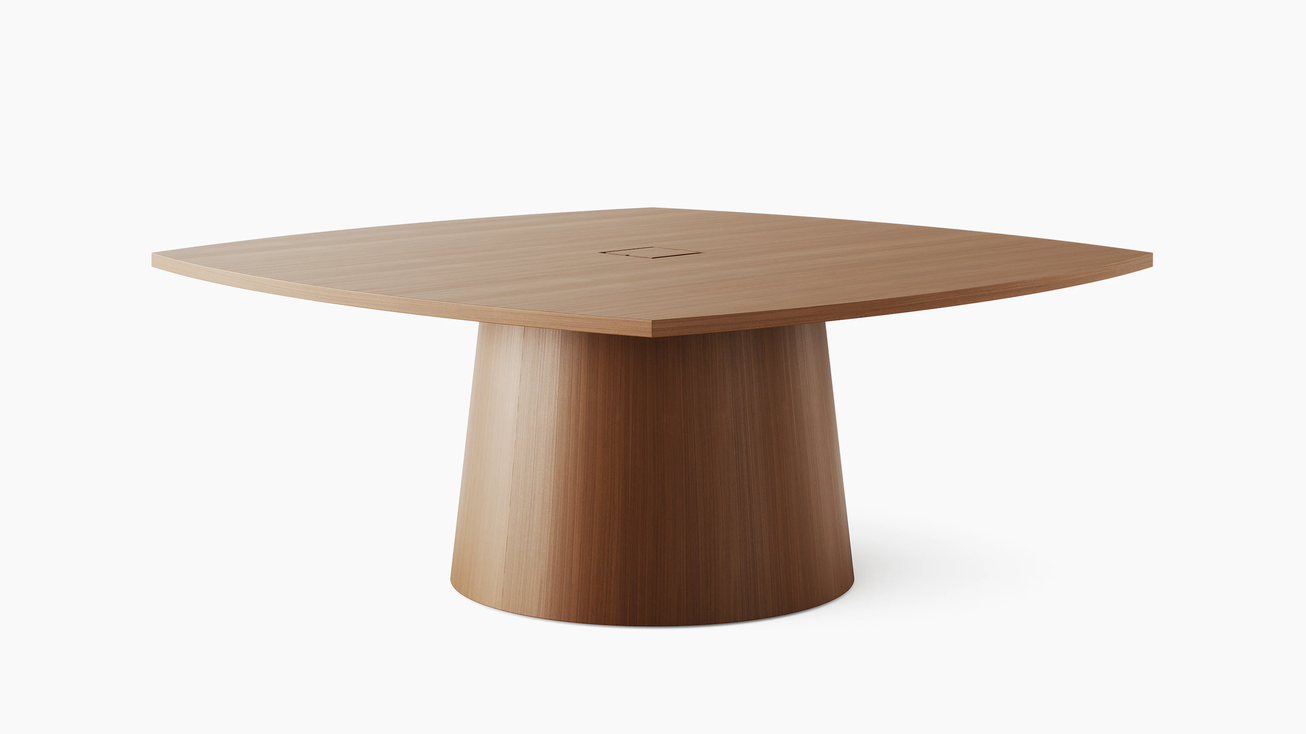 JD Meeting Table with soft square top and round tapered base in natural quarter cut walnut shown at an angle on a white sweep.