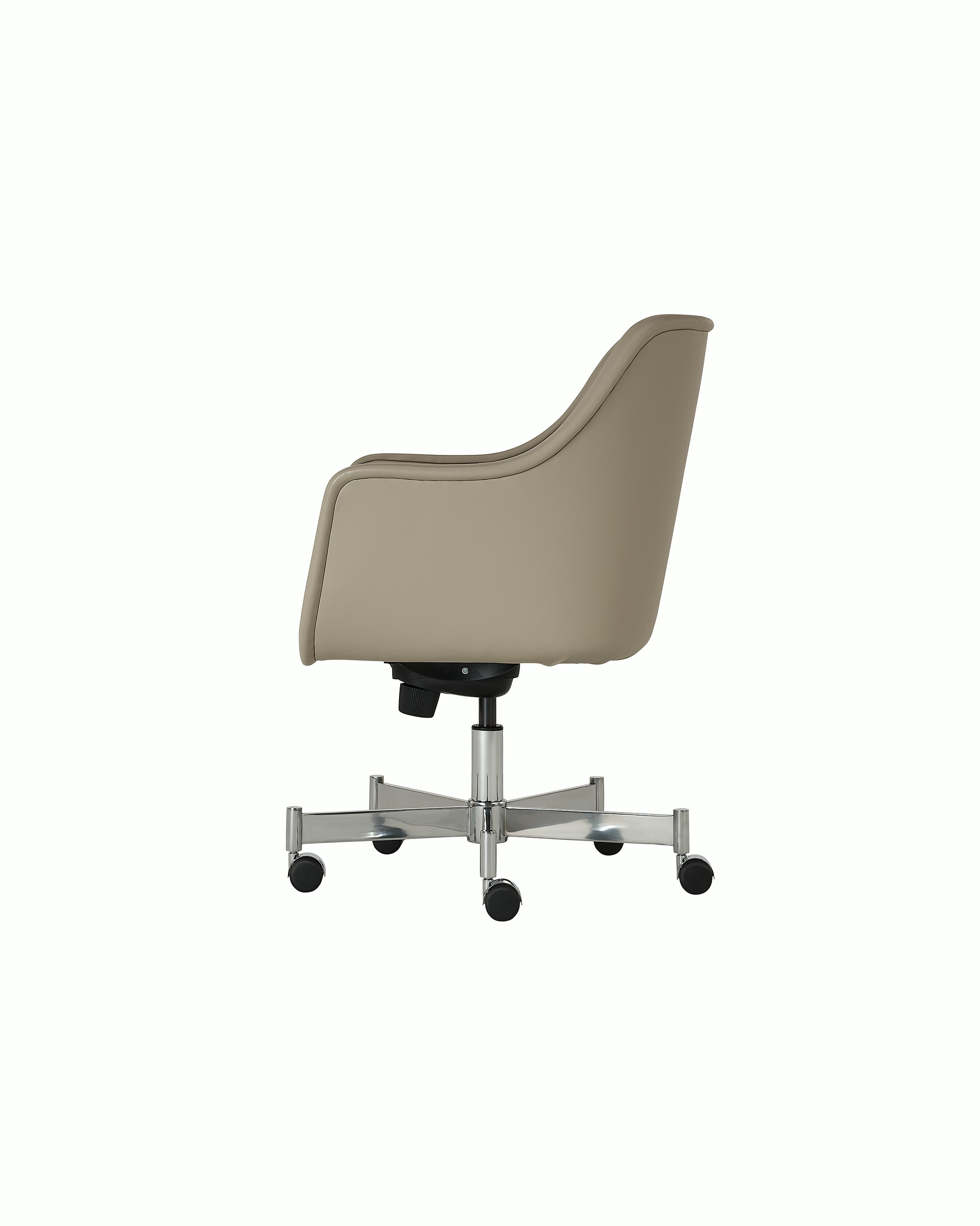 Bumper Conference Chair designed by Ward Bennett upholstered in Pace Leather in Reflection with a polished chrome base, shown in profile on a white sweep.