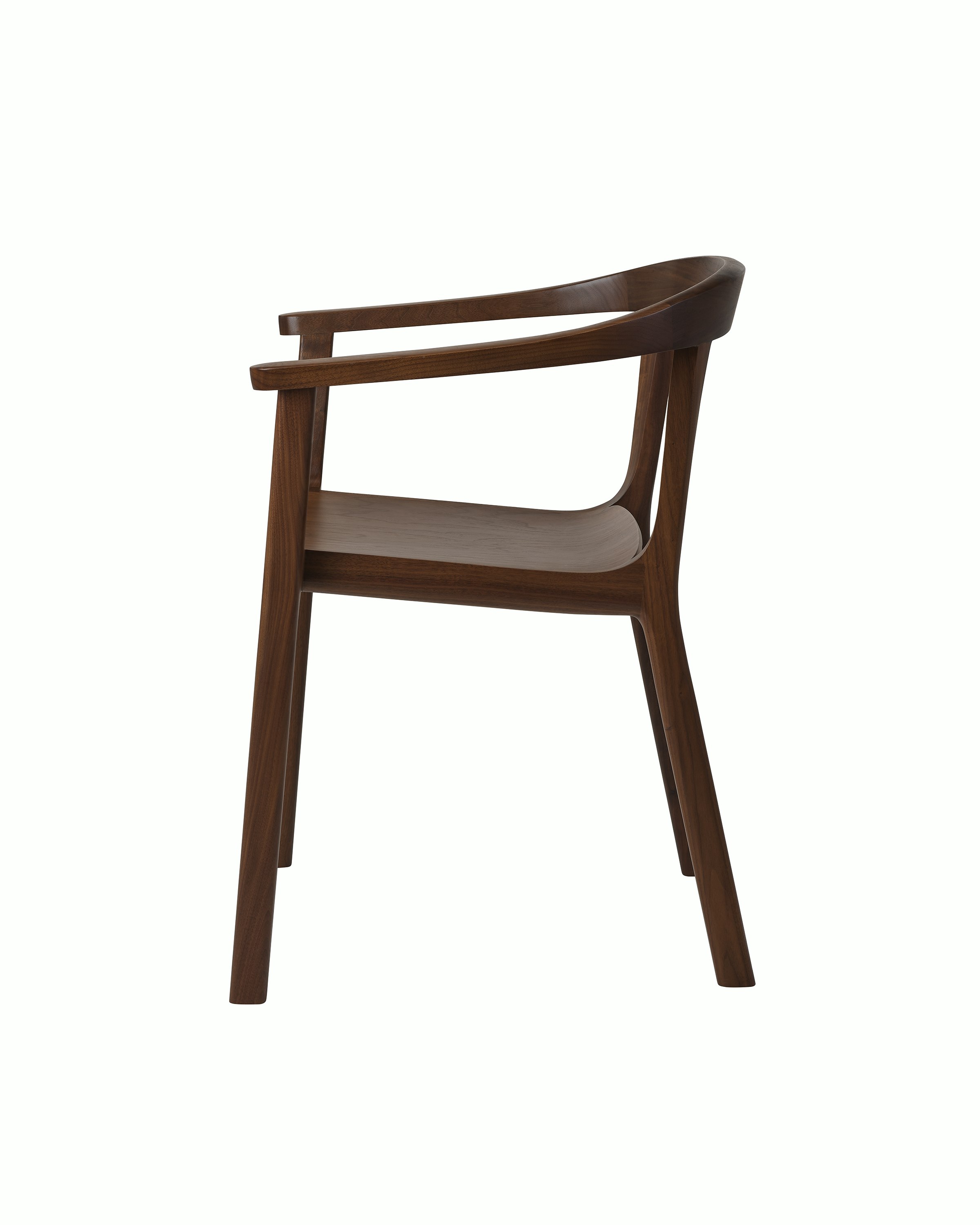 Lijn Armchair by Carole Baijings for Geiger in Persian Walnut frame, side view on a white sweep.