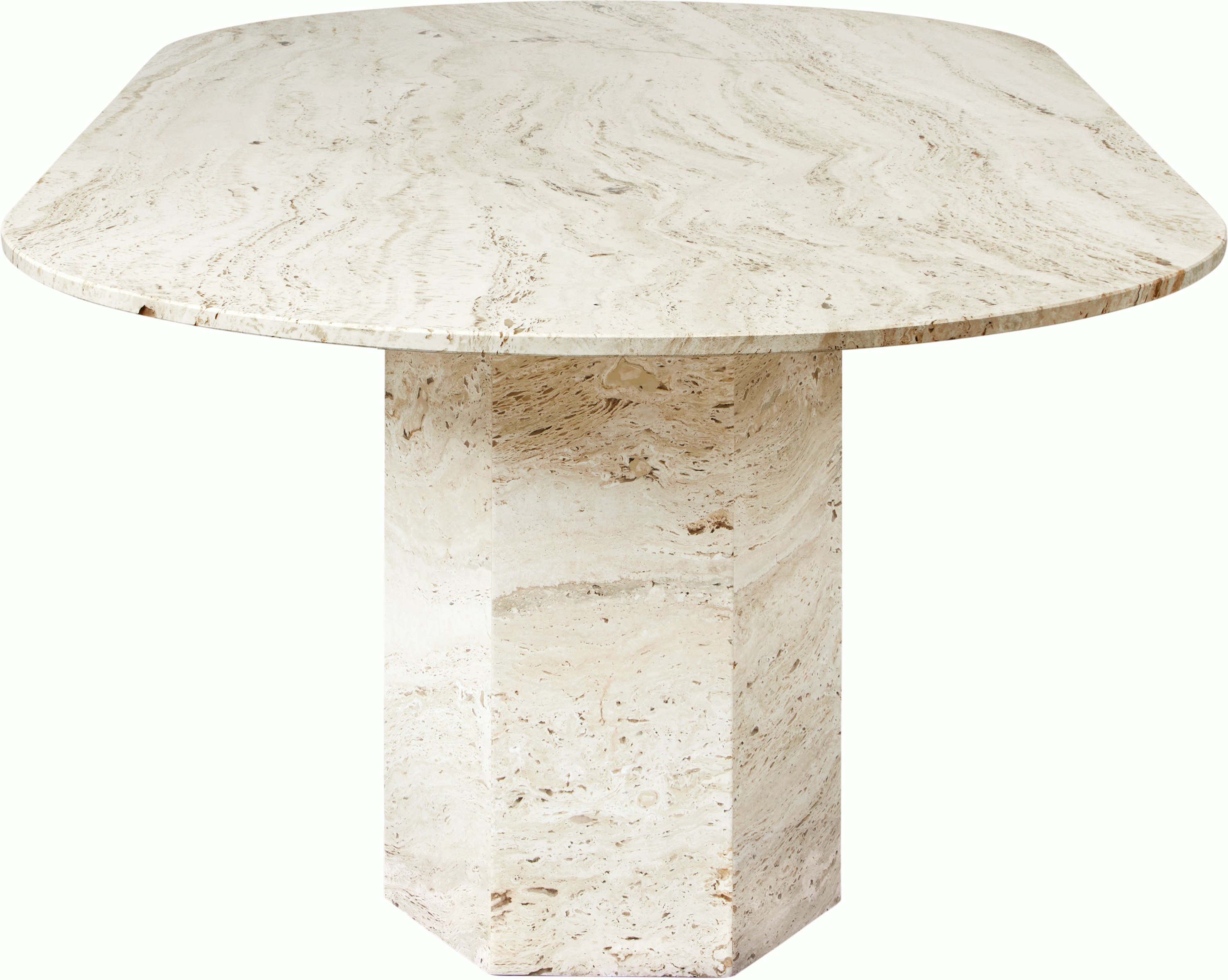 A Epic Dining Table in Travertine, Neutral White viewed from the side.