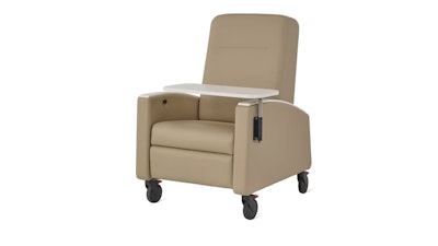 A front three-quarter view of a beige Gemma Recliner by Herman Miller.