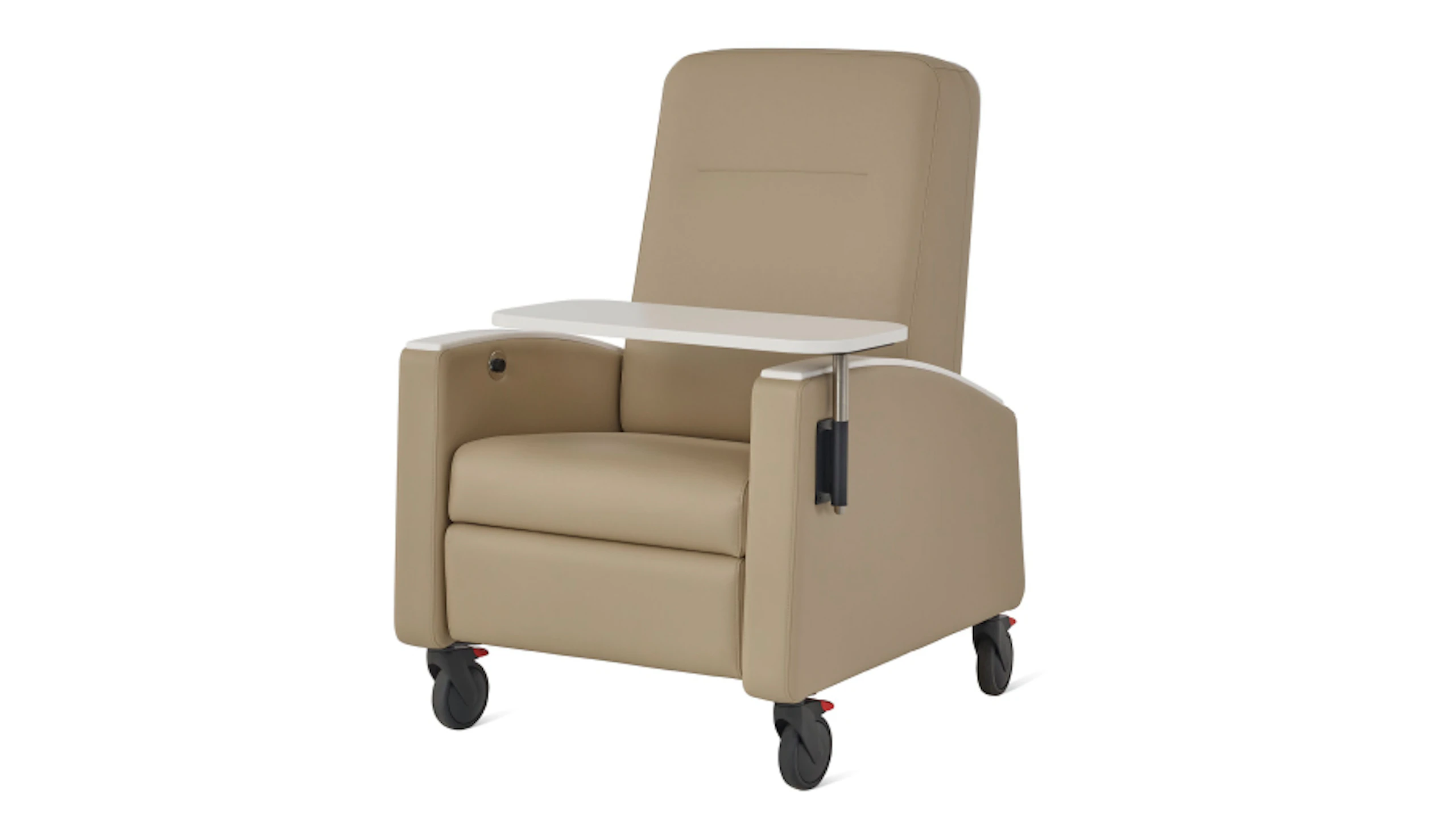 A front three-quarter view of a beige Gemma Recliner by Herman Miller.