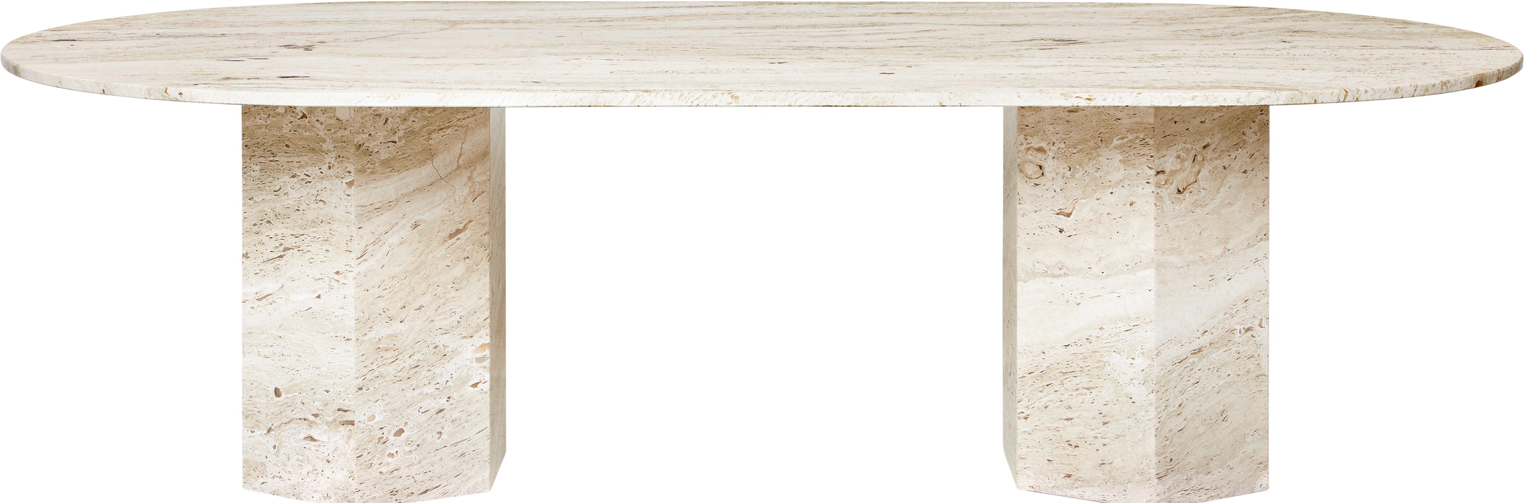 A Epic Dining Table in Travertine, Neutral White viewed from the front.