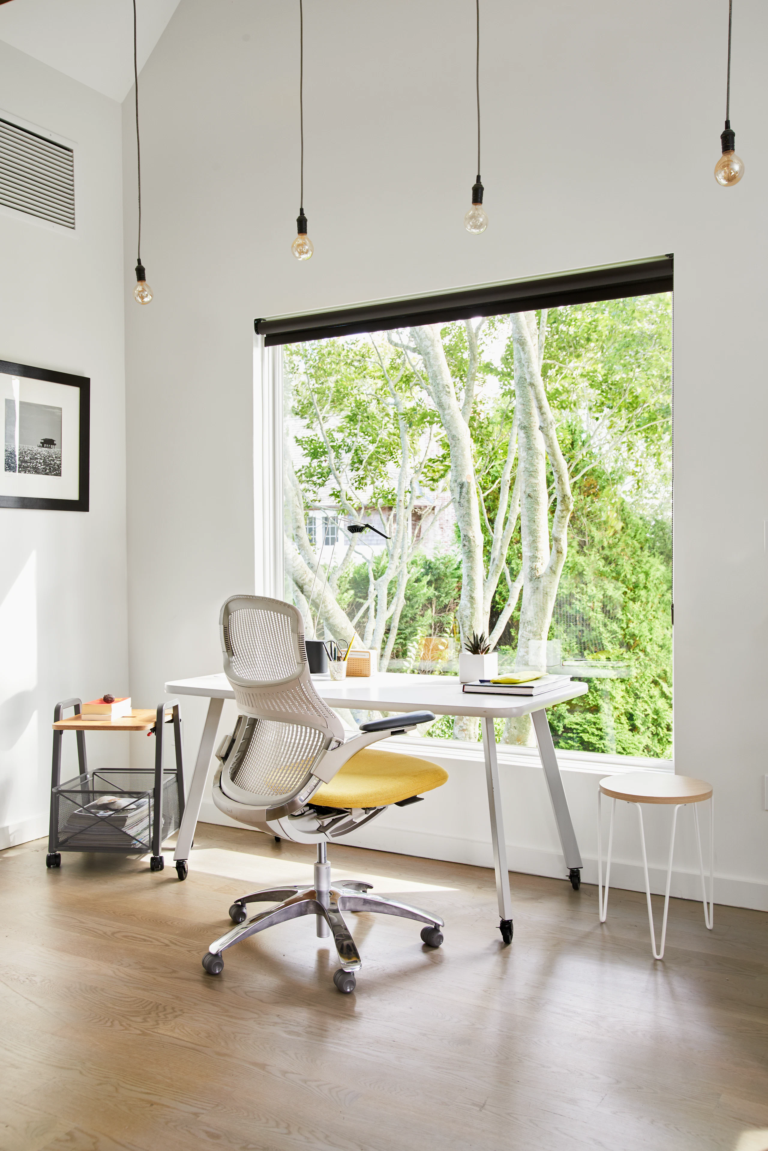 Generation by Knoll; Rockwell Unscripted Easy Table; Rockwell Unscripted Mobile Storage Cart; Sparrow Desktop Light; Florence Knoll Hairpin Table