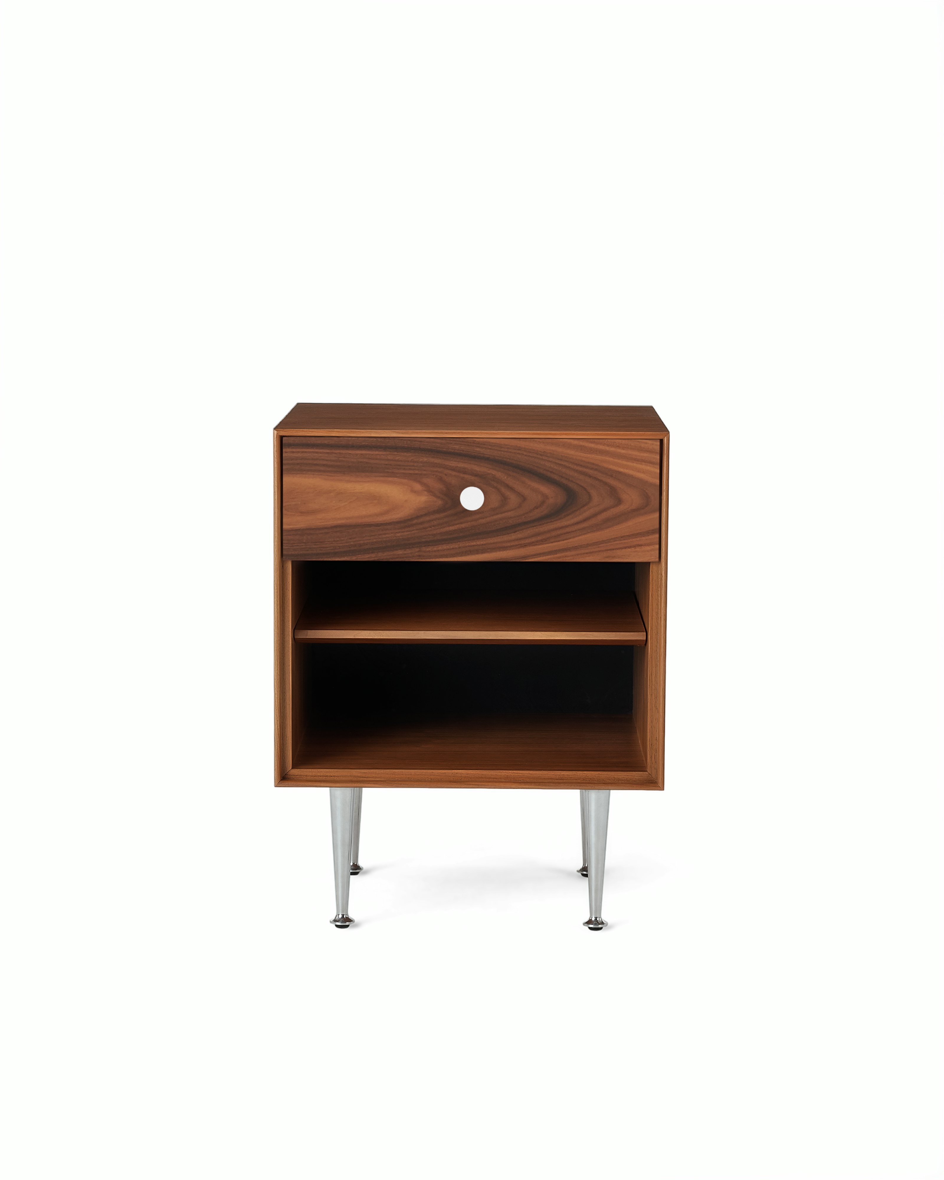 A Nelson Thin Edge Bedside Table in Santos Palisander and White Pull viewed from the front.