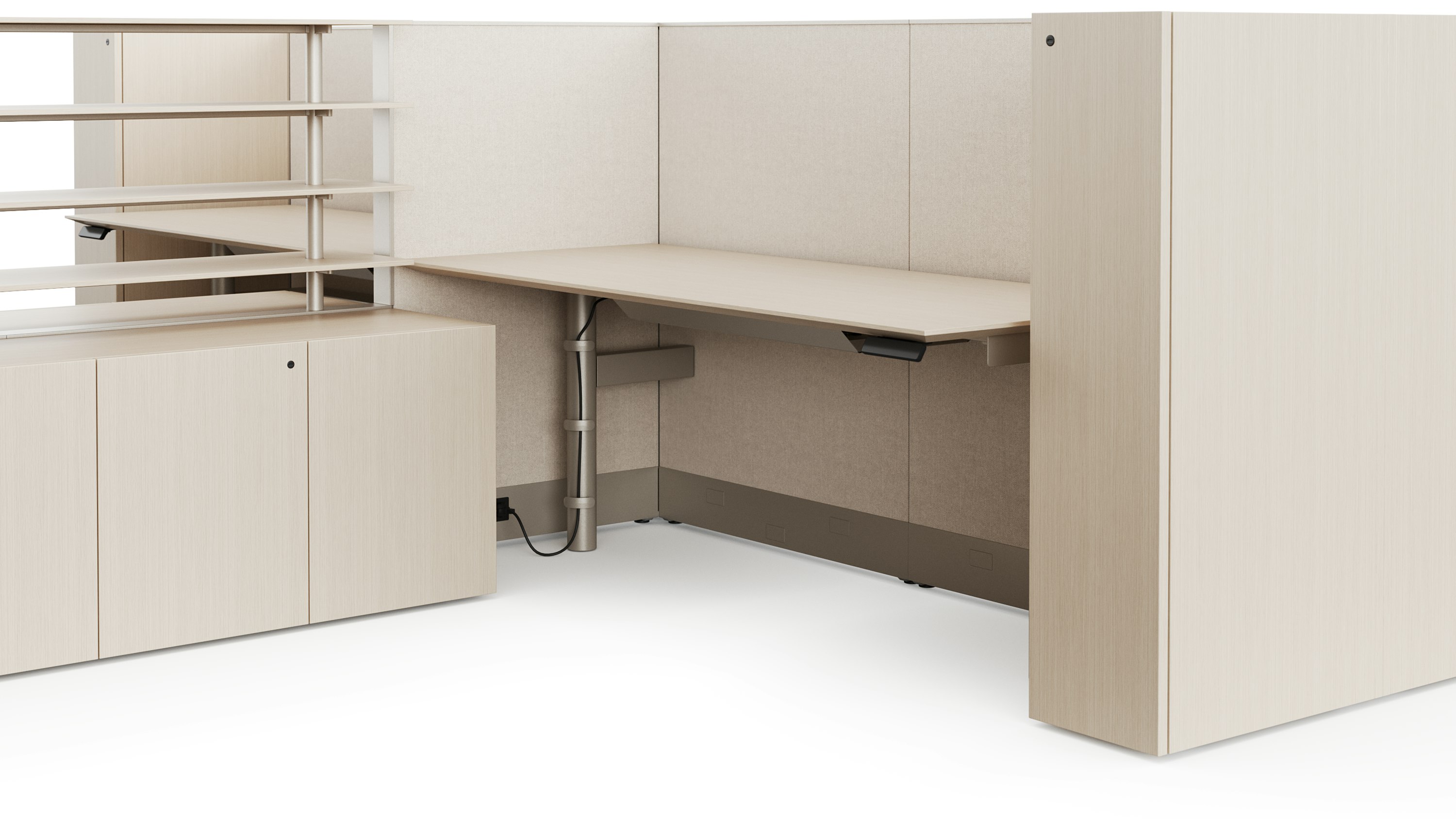 A white sweep rendering viewed from an angle of a light colored height adjustable table with floor standing panels surrounding two sides off of the table.
