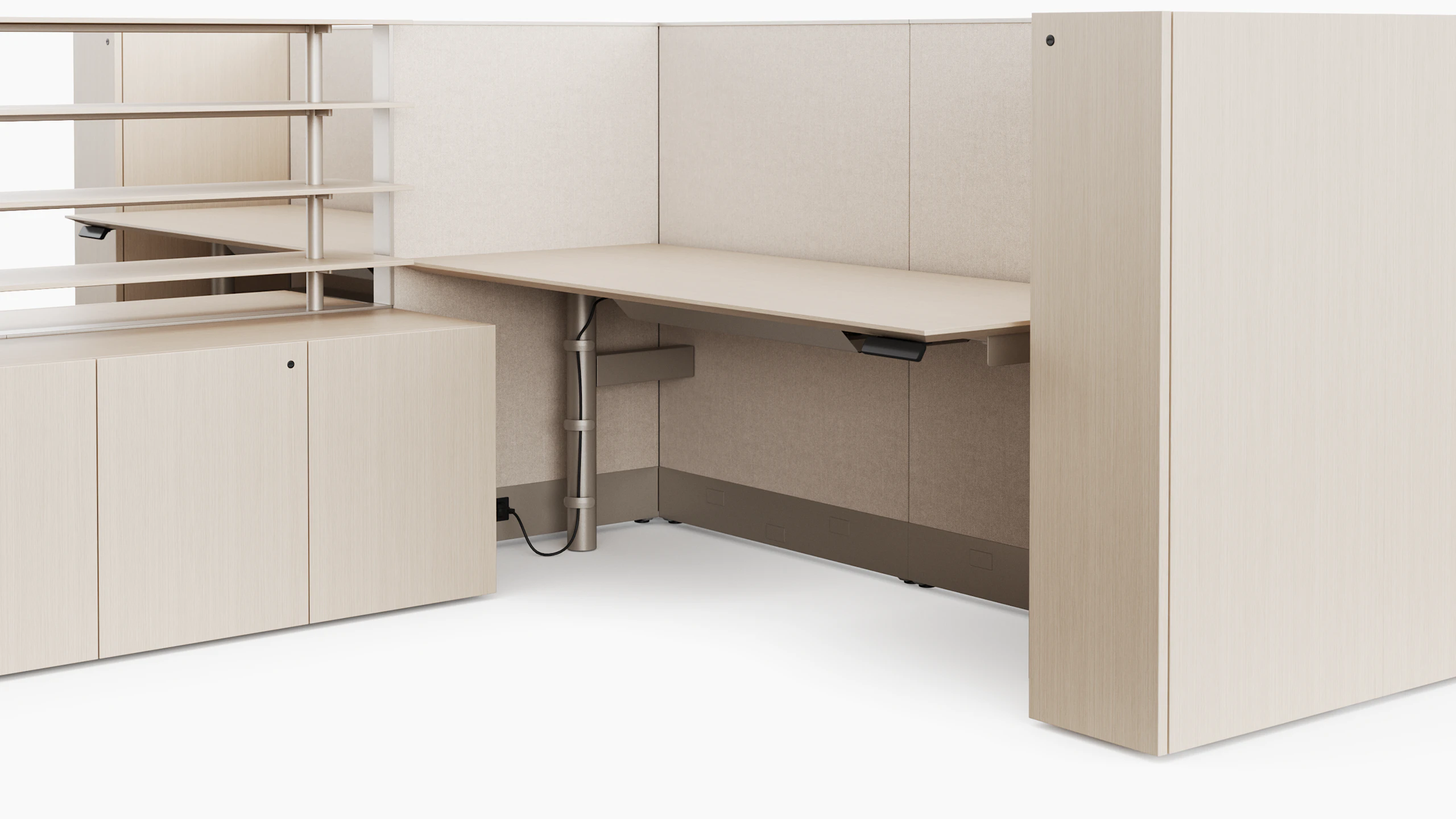 A white sweep rendering viewed from an angle of a light colored height adjustable table with floor standing panels surrounding two sides off of the table.