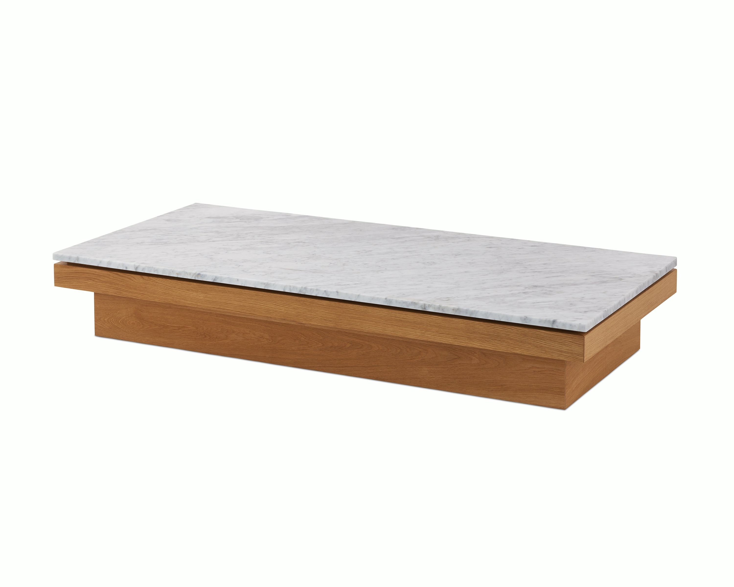 Pawson Drift Coffee Table with white oak base and white marble top, viewed from an angle.