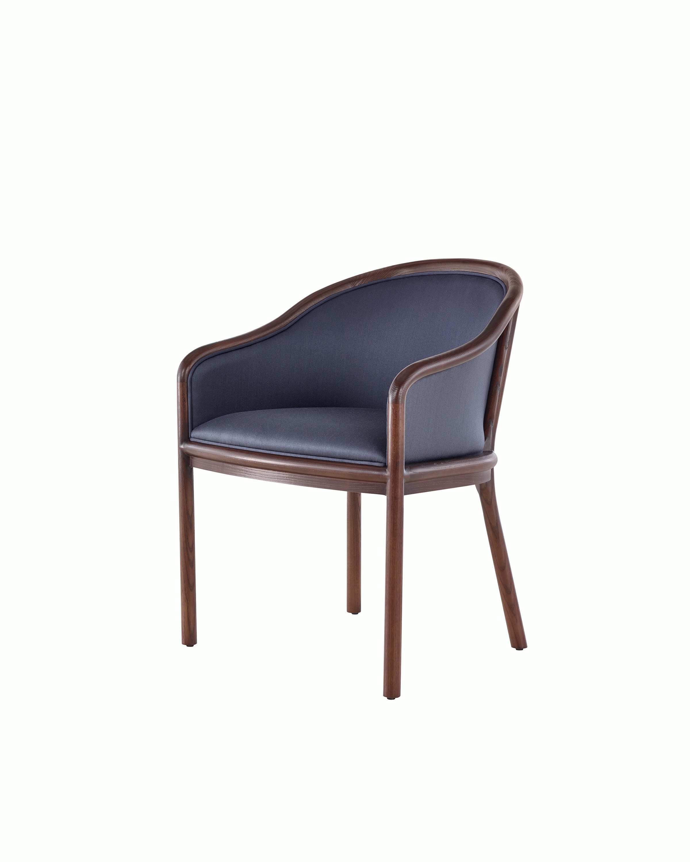 Partial angled view of the seat and back of a Landmark side chair, showing dark blue French upholstery.