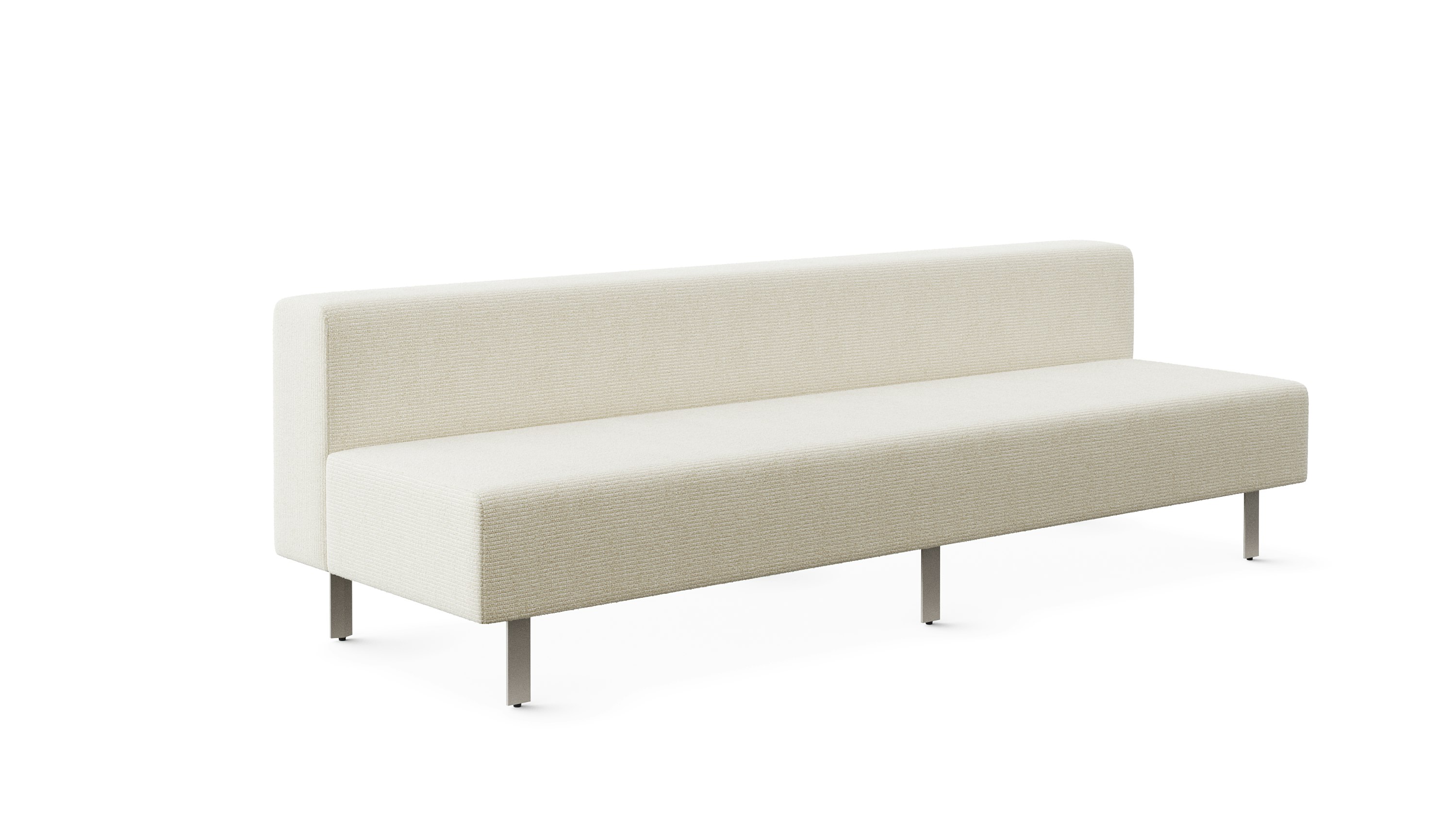 A light colored upholstered bench seat with a back rest is shown from an angle.