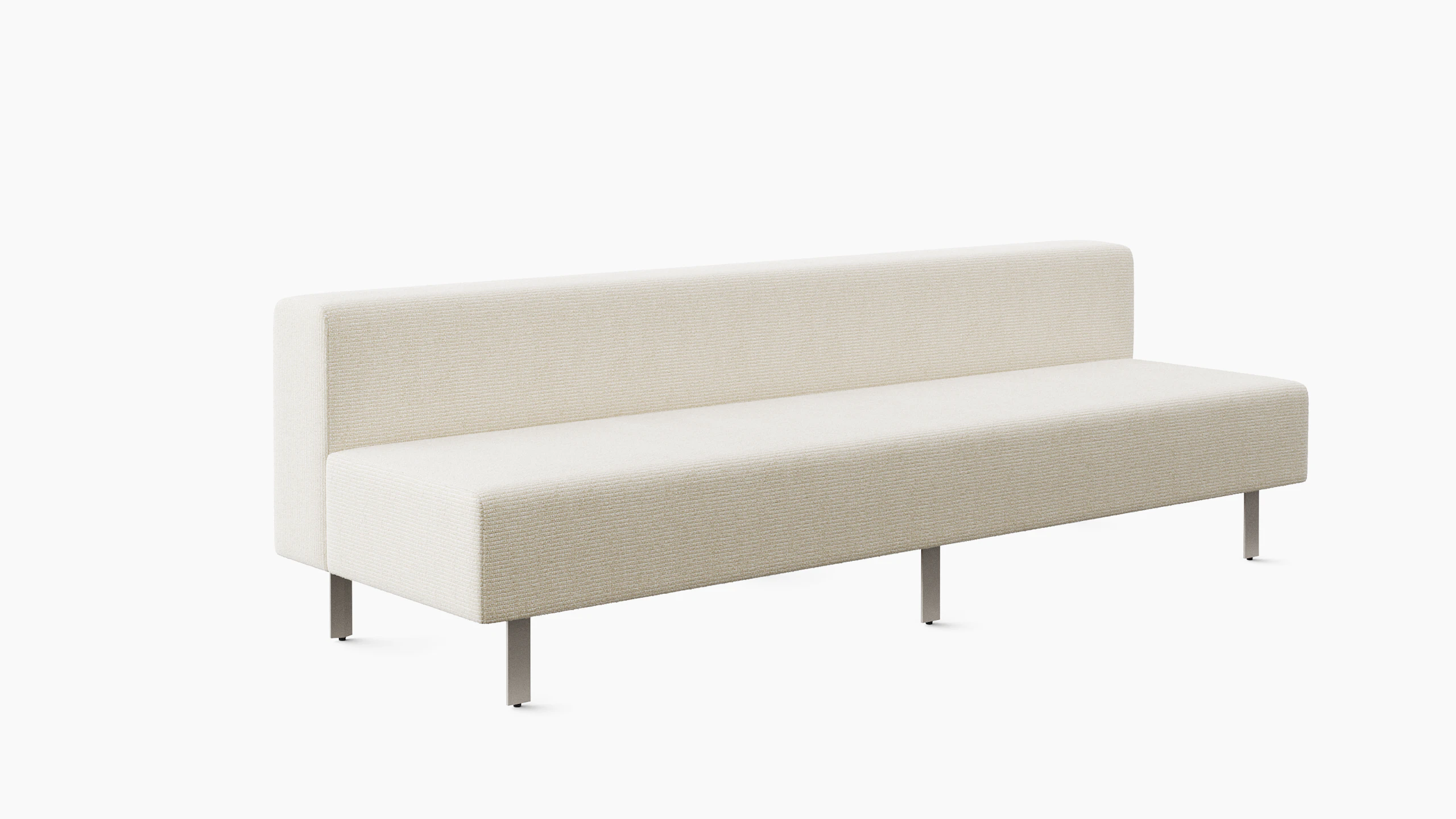 A light colored upholstered bench seat with a back rest is shown from an angle.