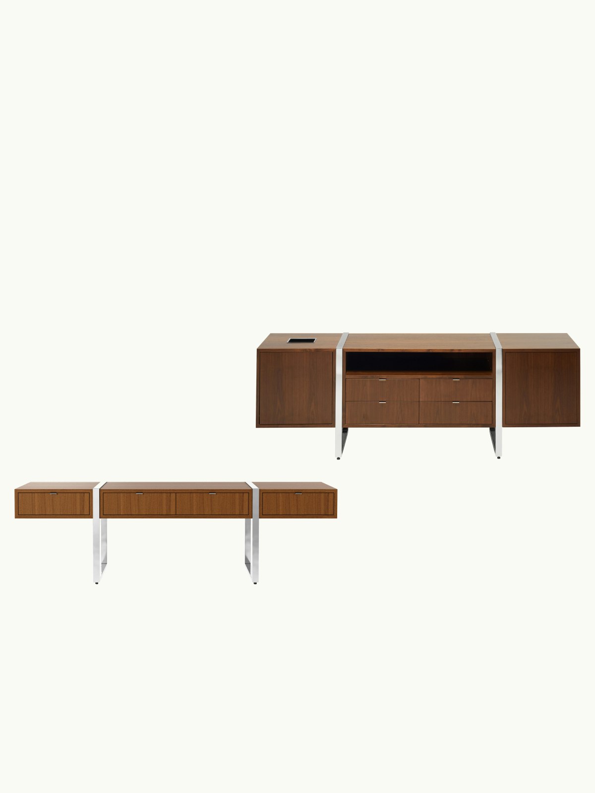 Two Highline Credenzas in dark wood finishes with metal bases, one positioned staggered above the other, both shown front facing on a white sweep.