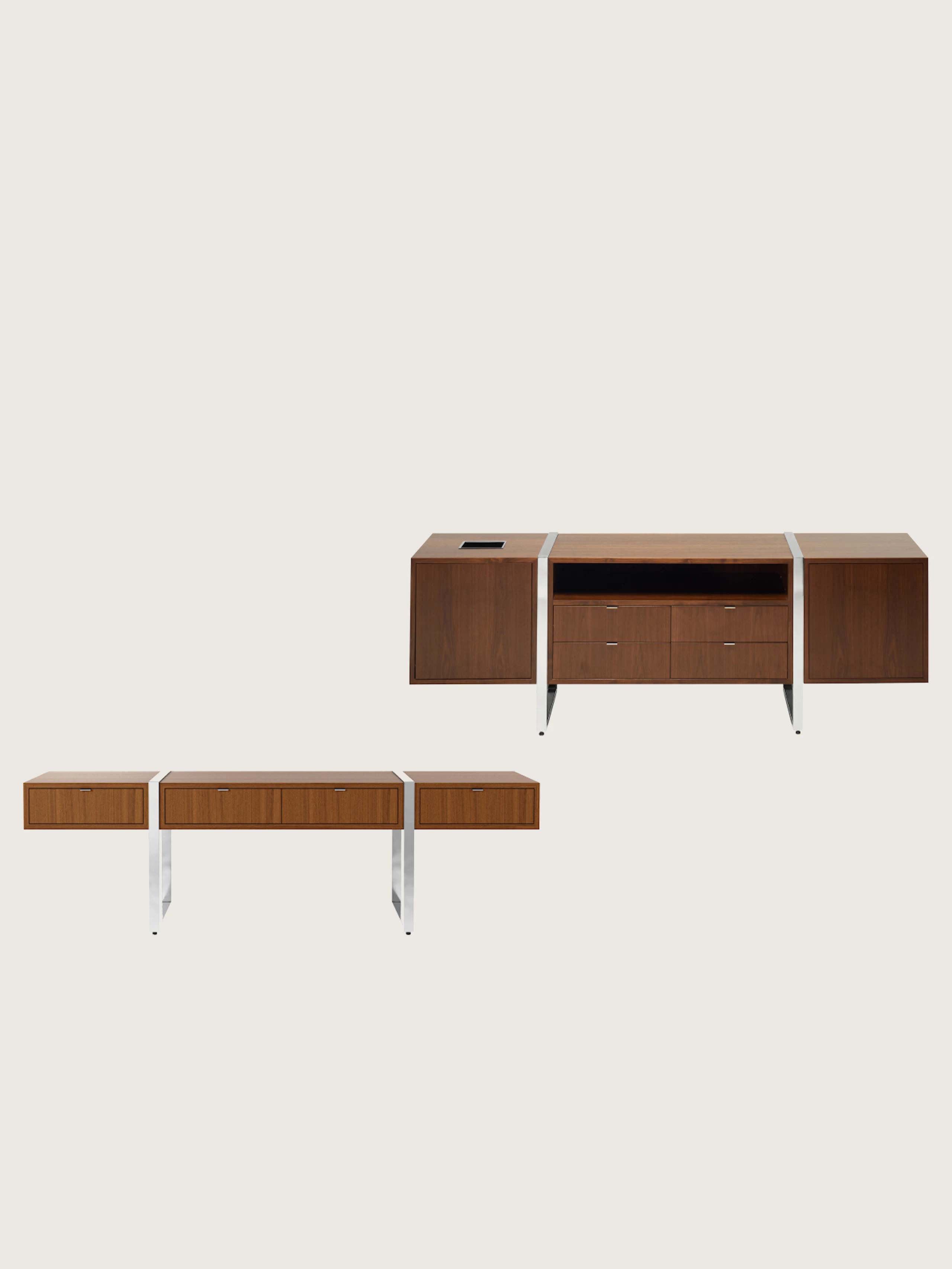 Two Highline Credenzas in dark wood finishes with metal bases, one positioned staggered above the other, both shown front facing on a white sweep.