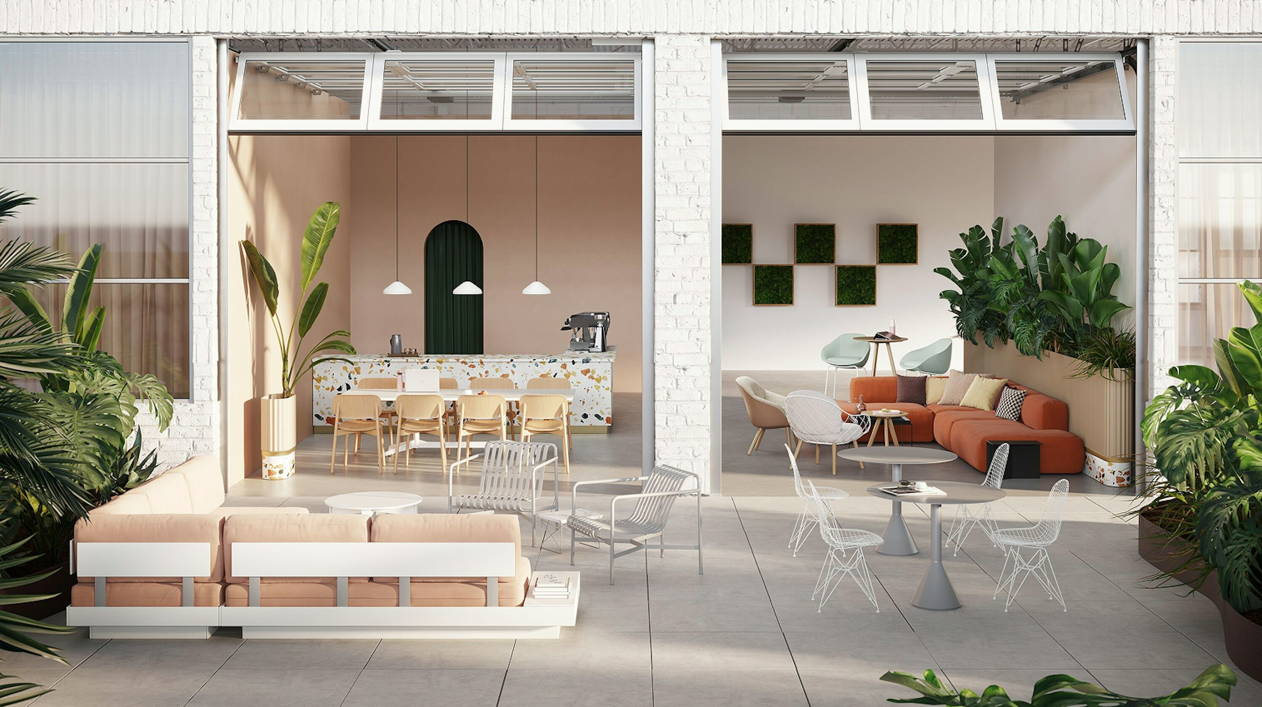 A casual indoor/outdoor setting featuring products from Herman Miller, HAY, DWR, NaughtOne, and Magis.