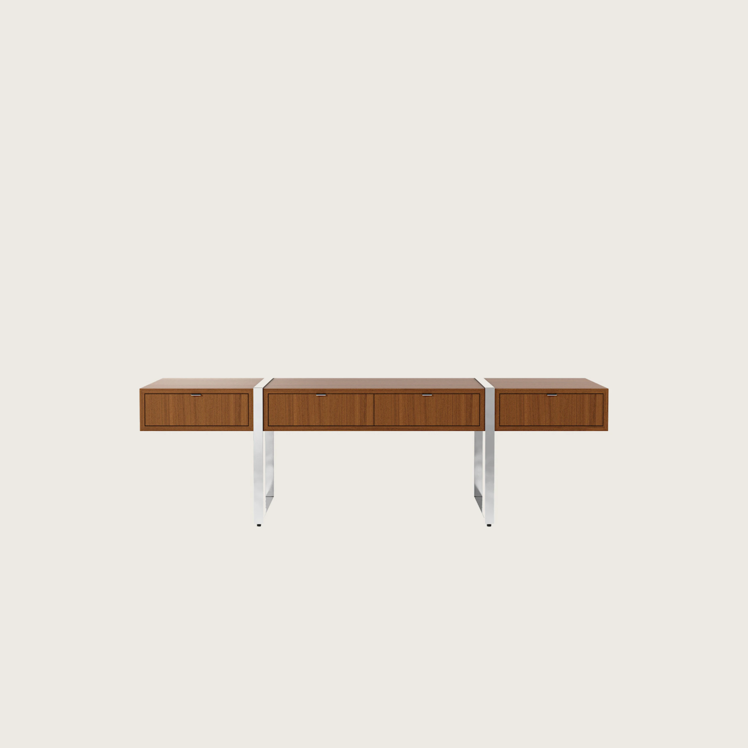 Highline Credenza in Natural Quarter Cut Walnut with Polished Chrome pull tabs and legs viewed from the front.