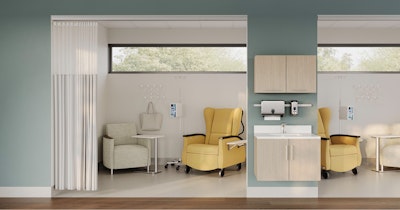 Pod of infusion rooms for long sit chemo and dialysis with the Serenity Recliner and Pamona Armchair