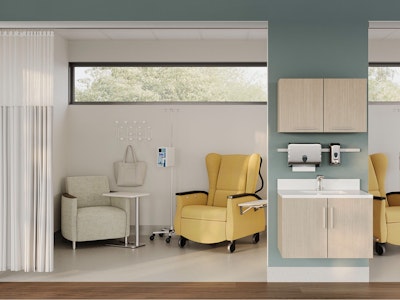 Pod of infusion rooms for long sit chemo and dialysis with the Serenity Recliner and Pamona Armchair