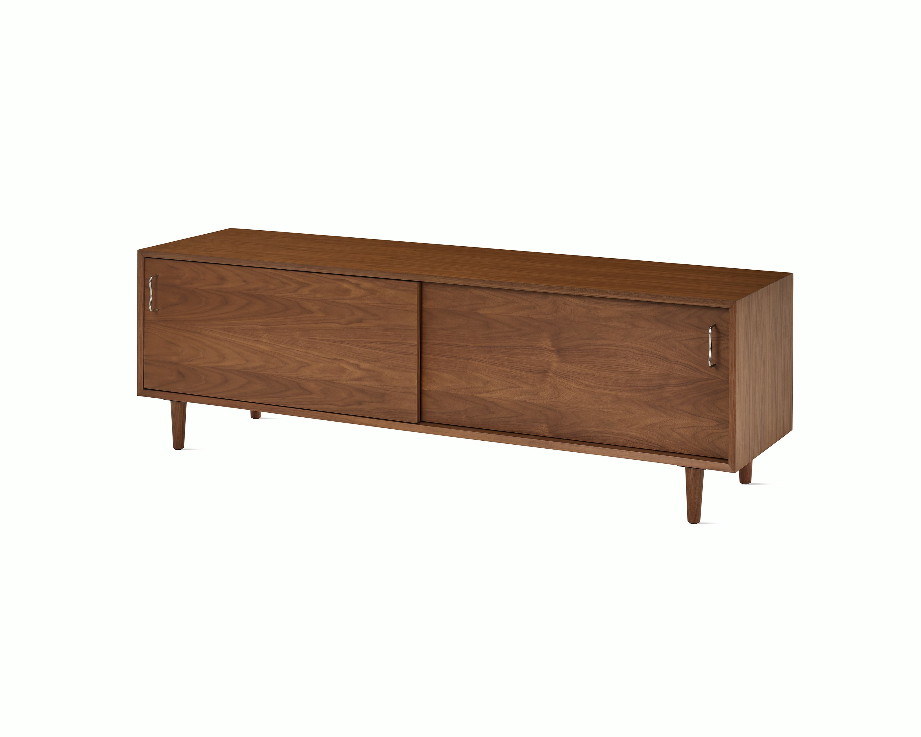 Nelson Basic Cabinet Series Media Unit in walnut, taper legs, and wavy pulls.