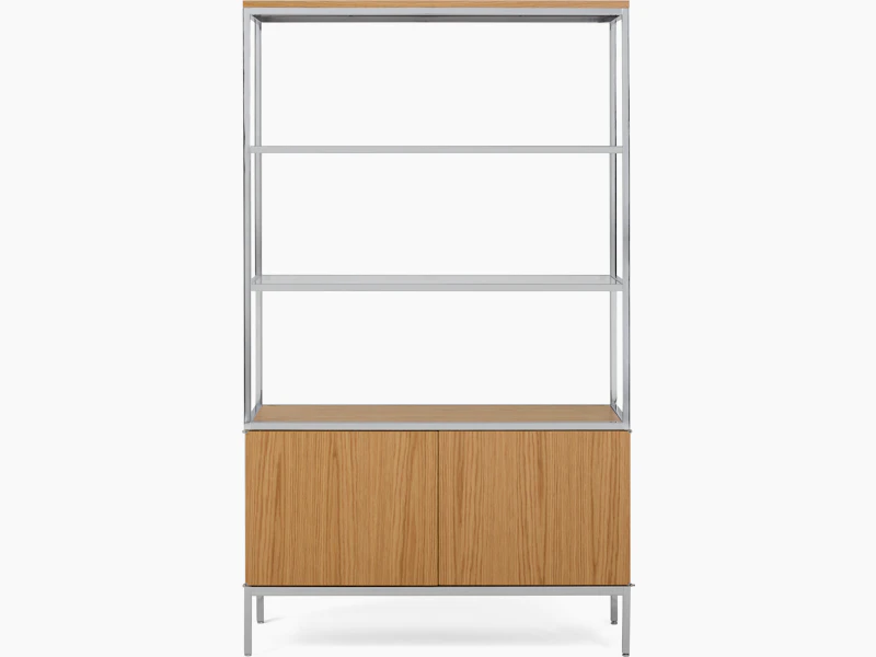 A Knoll Chermayeff Bookcase in Oak viewed from the front.