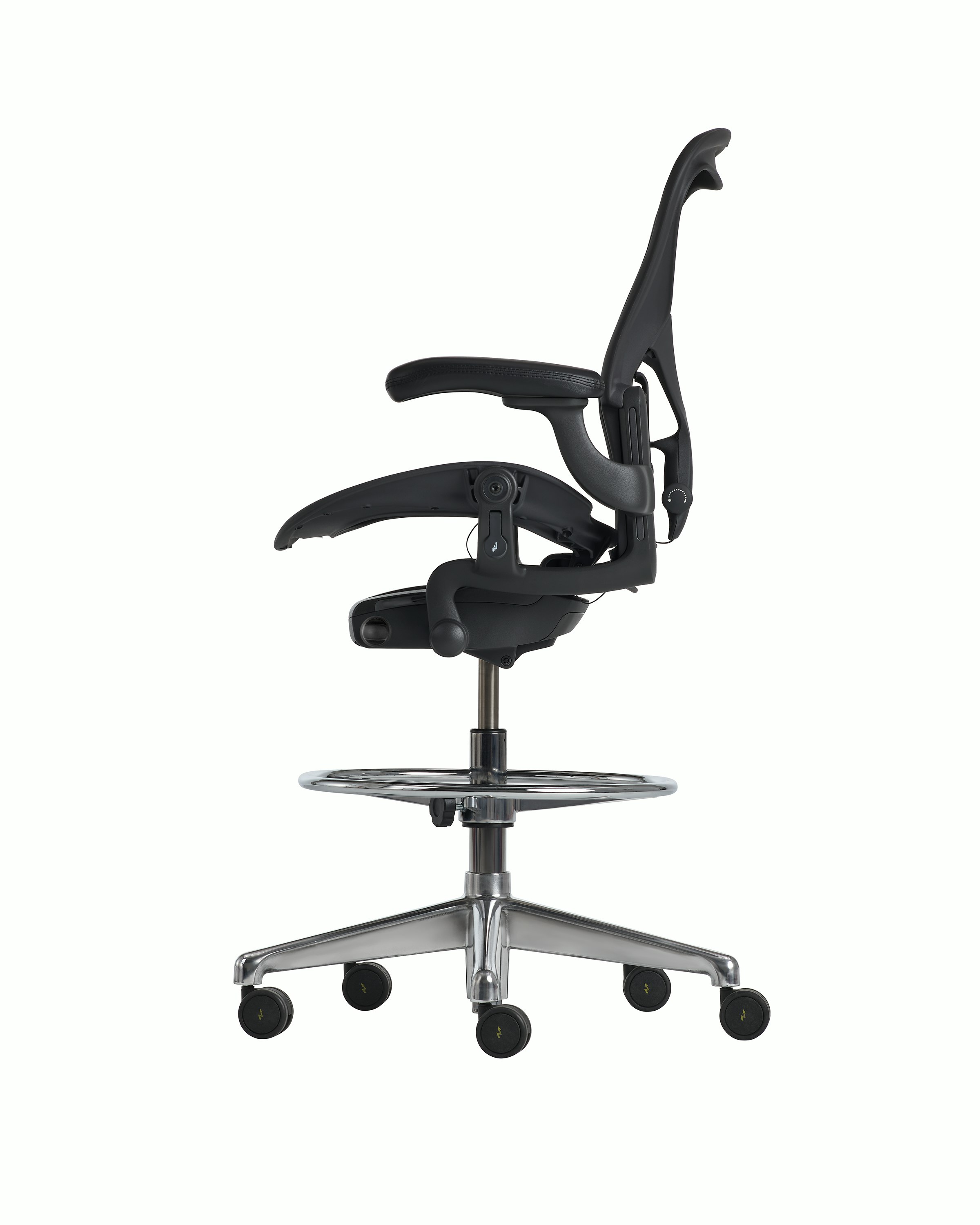 Side view of an Aeron ESD stool, granite frame and suspension and polished base.