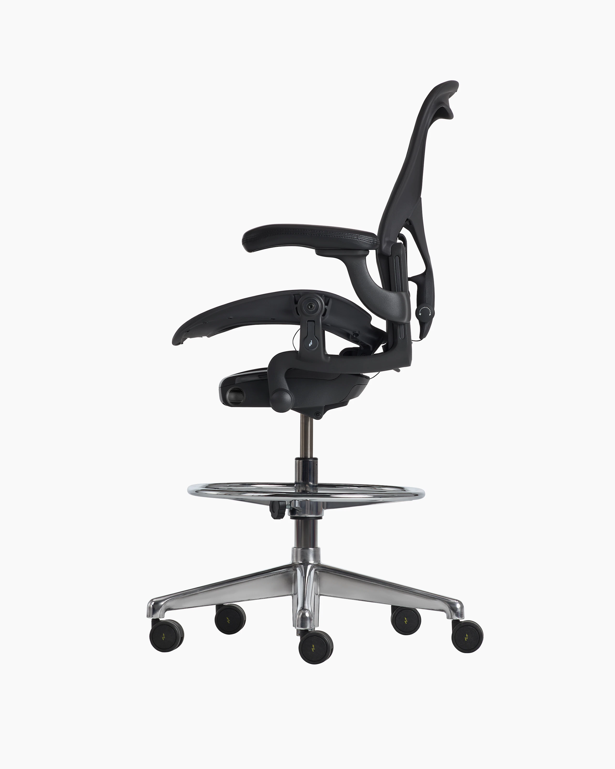 Side view of an Aeron ESD stool, granite frame and suspension and polished base.