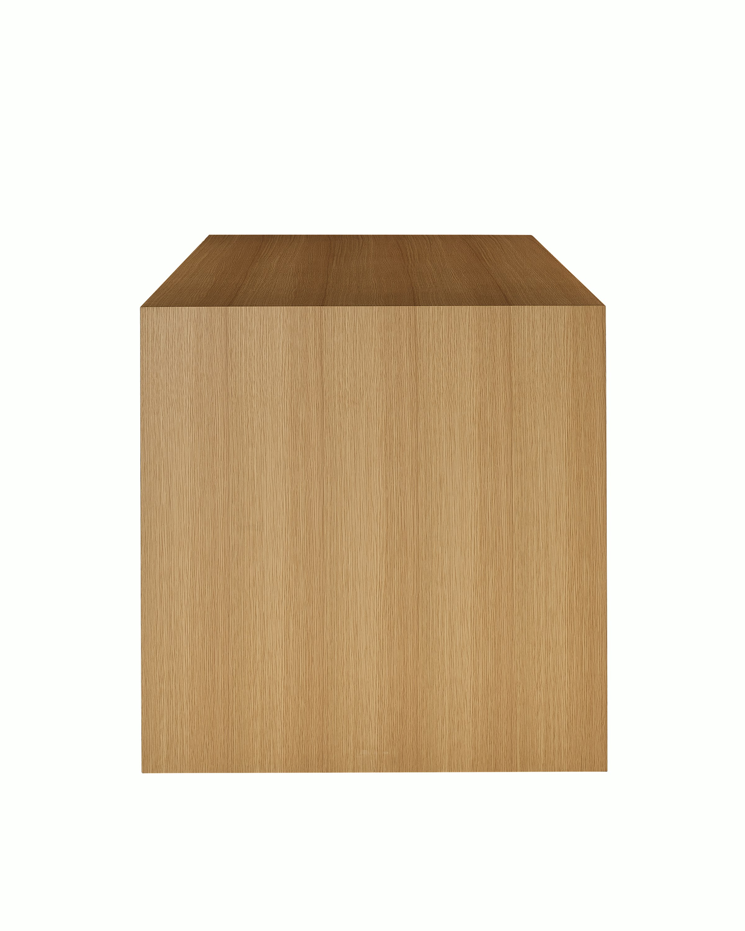 Counter Height JD Waterfall Table in Natural Rift Cut Oak, shown in profile on a white sweep.