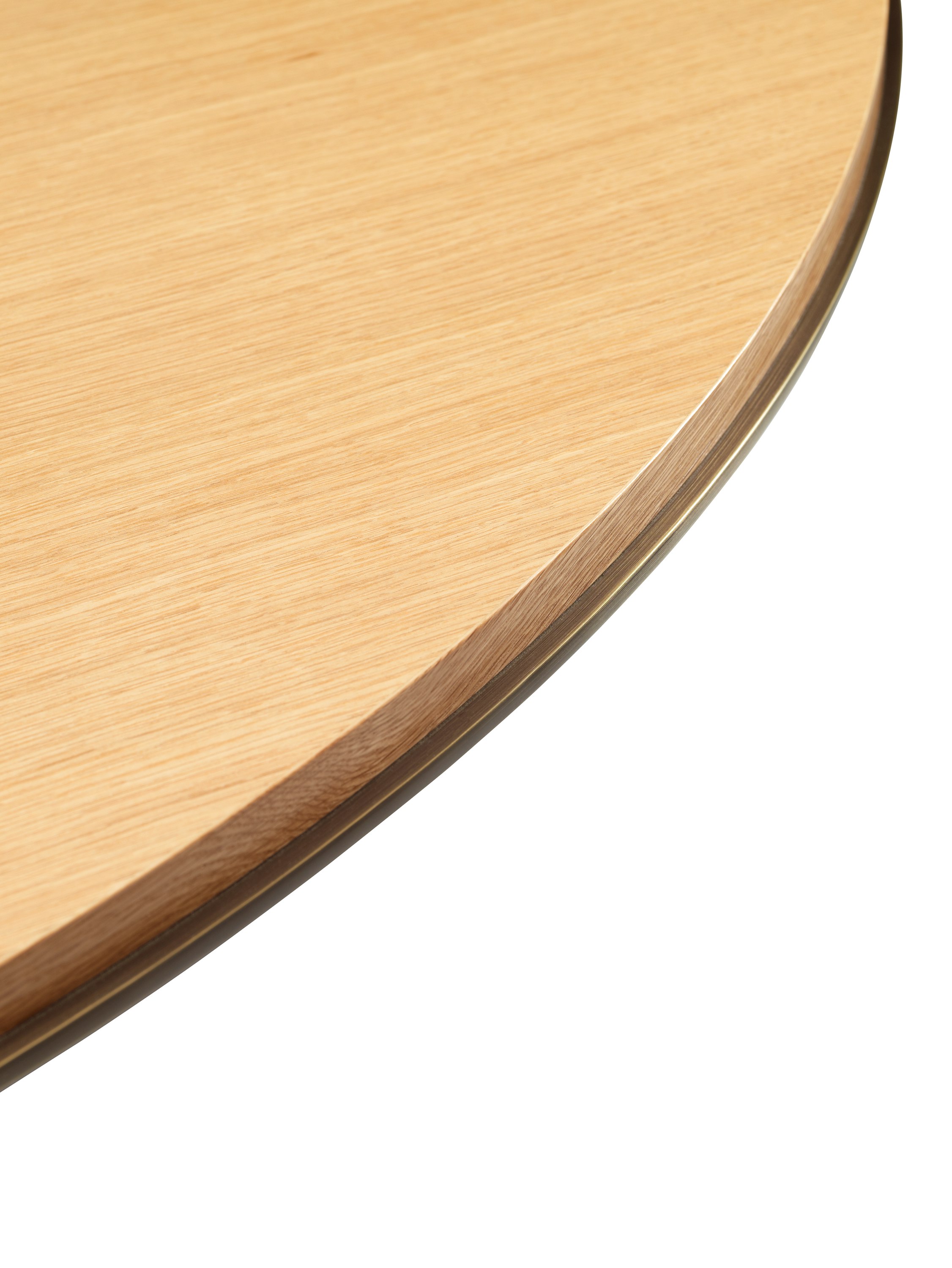 Highline Meeting Table with round Plain Sliced Maple top, Oil Rubbed Bronze Metal edge, detail view.