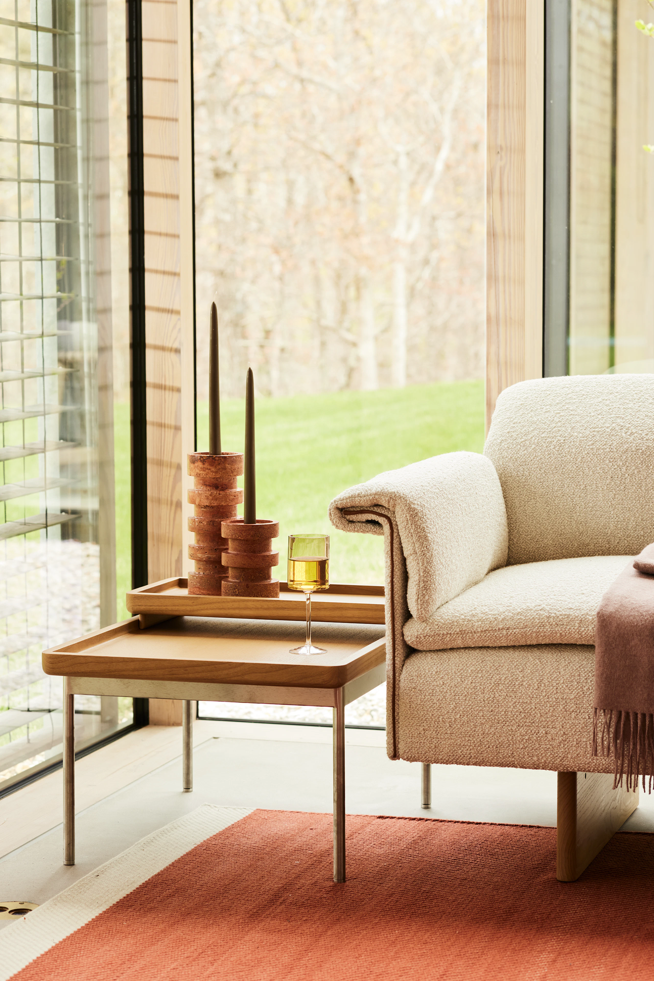 Mantle Sofa close up detail with Tuxedo Tray Table.