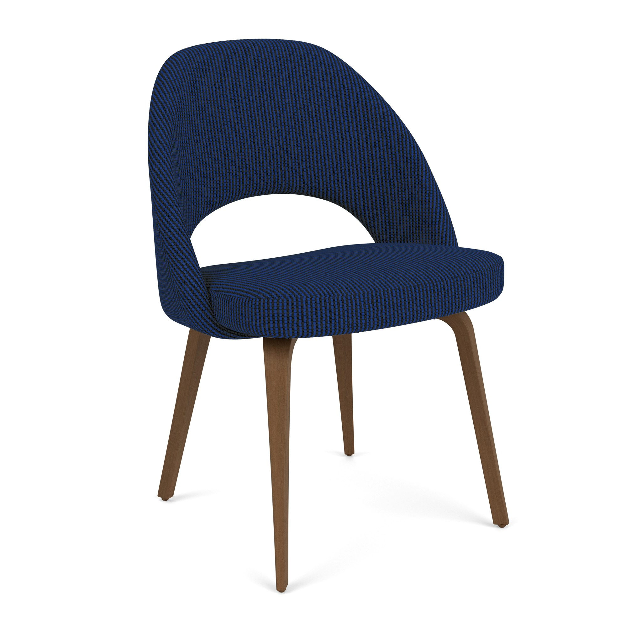 A Saarinen Executive Side Chair in Cato: Lazuli with a Light Walnut base viewed from an angle.