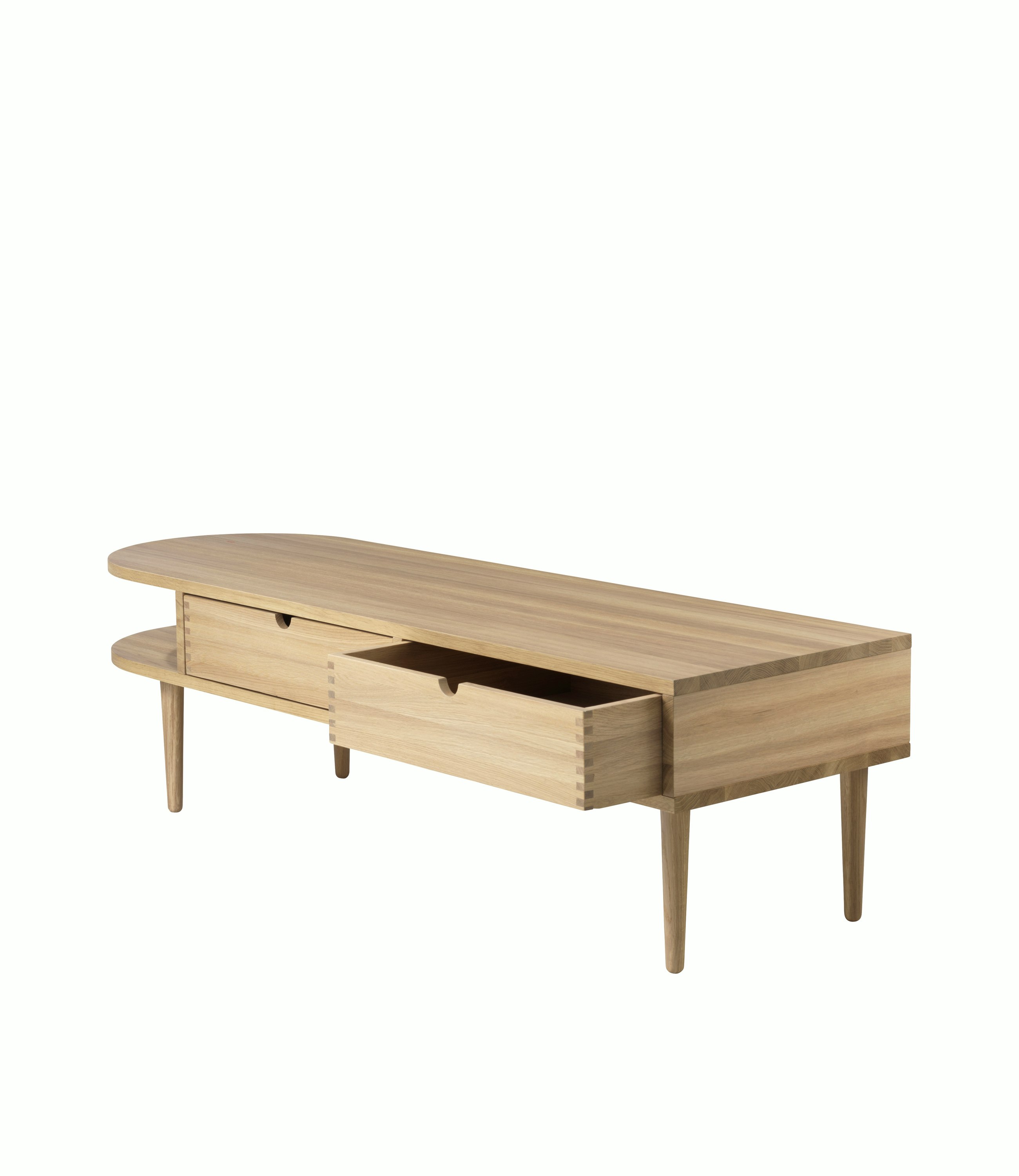 A F24 Storage Bench in Oak Natural viewed from an angle.
