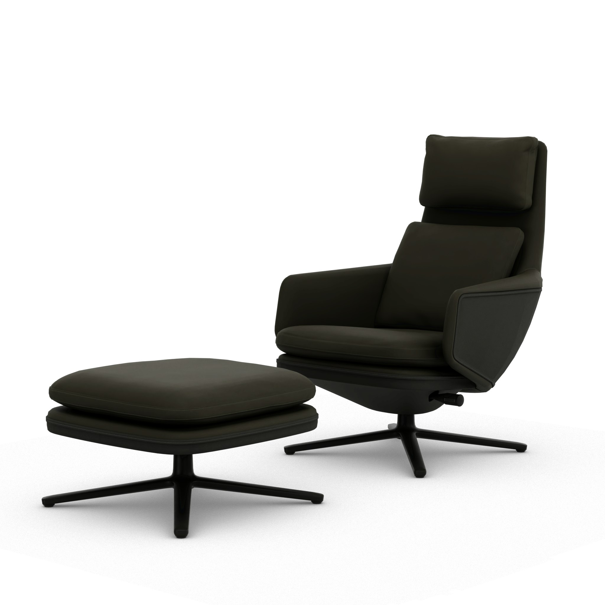 Grand Relax Lounge Chair and Ottoman - Premium Leather, Khaki, Back Uph, Leather Forte, Umbra Grey, Basic Dark