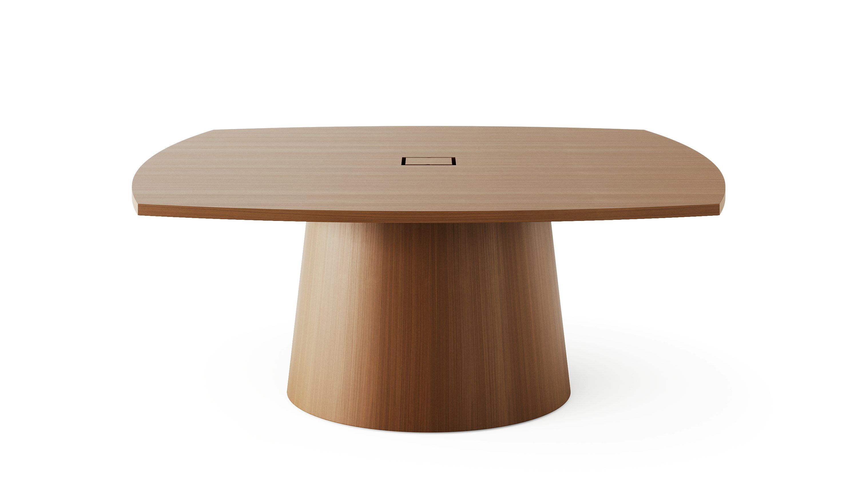 JD Meeting Table with soft square top and round tapered base in natural quarter cut walnut viewed from the front on a white sweep.