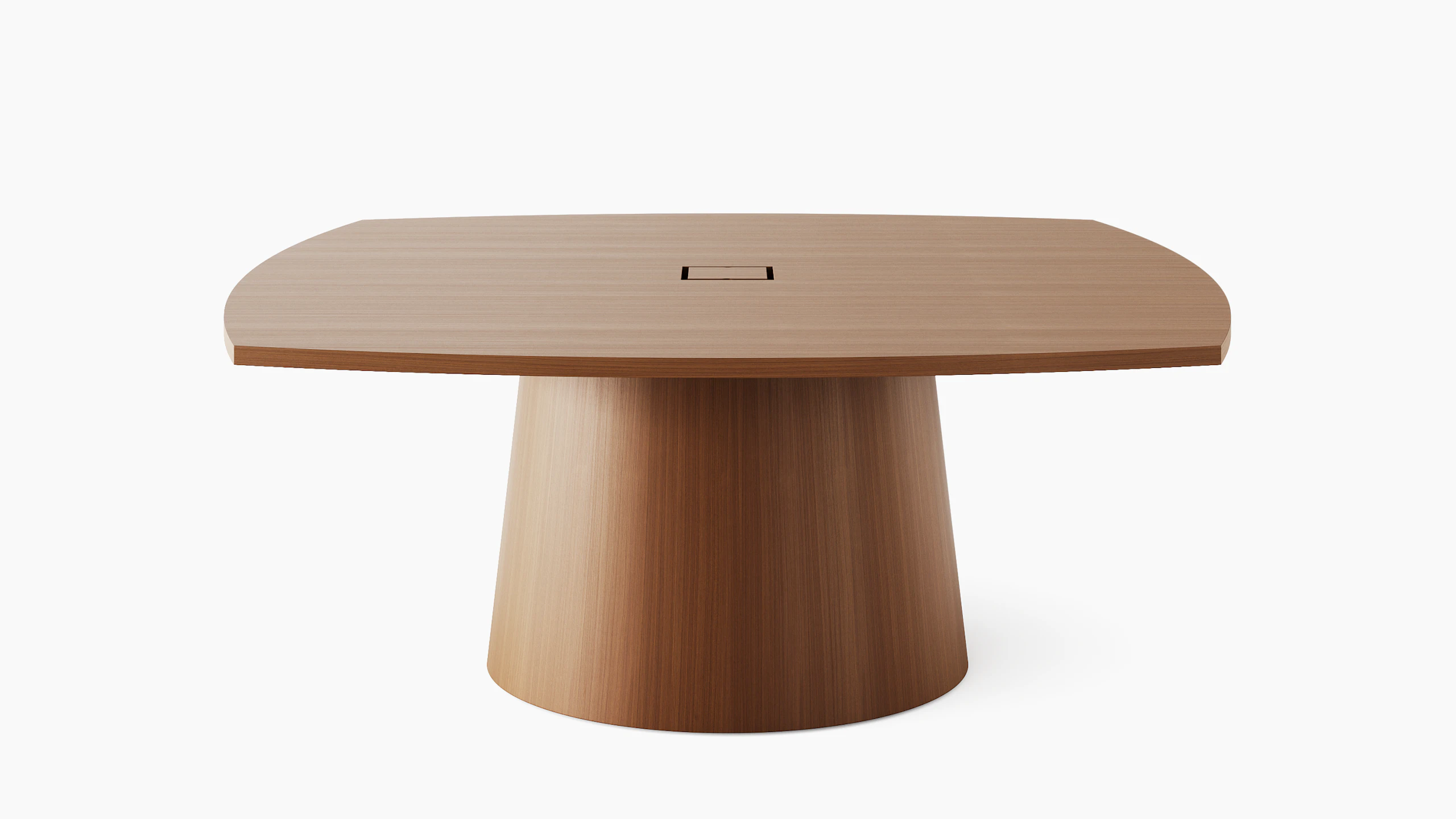 JD Meeting Table with soft square top and round tapered base in natural quarter cut walnut viewed from the front on a white sweep.