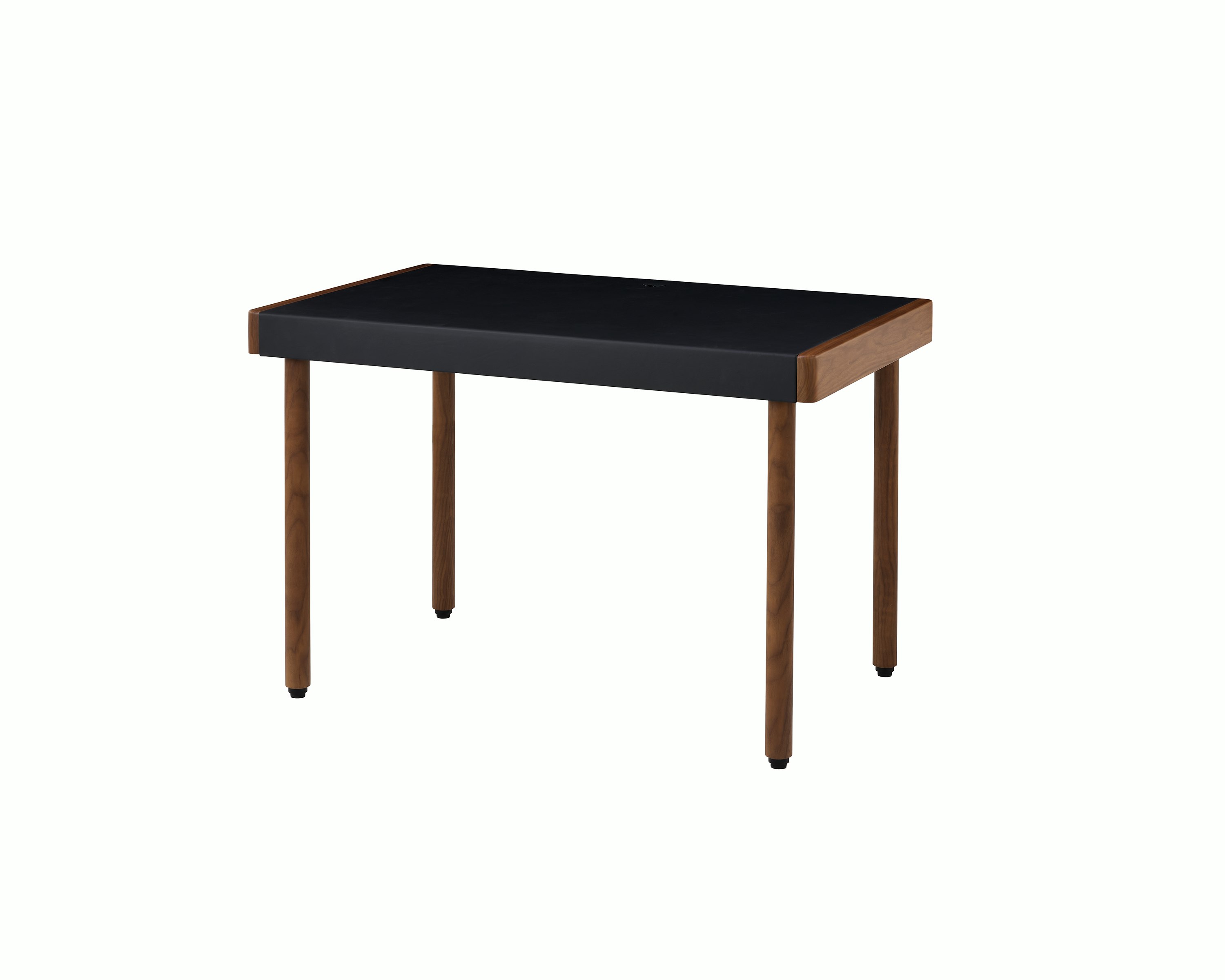 New Canaan Leatherwrap Sit-to-Stand Desk in Walnut and Black Leather, no drawers, angled view.