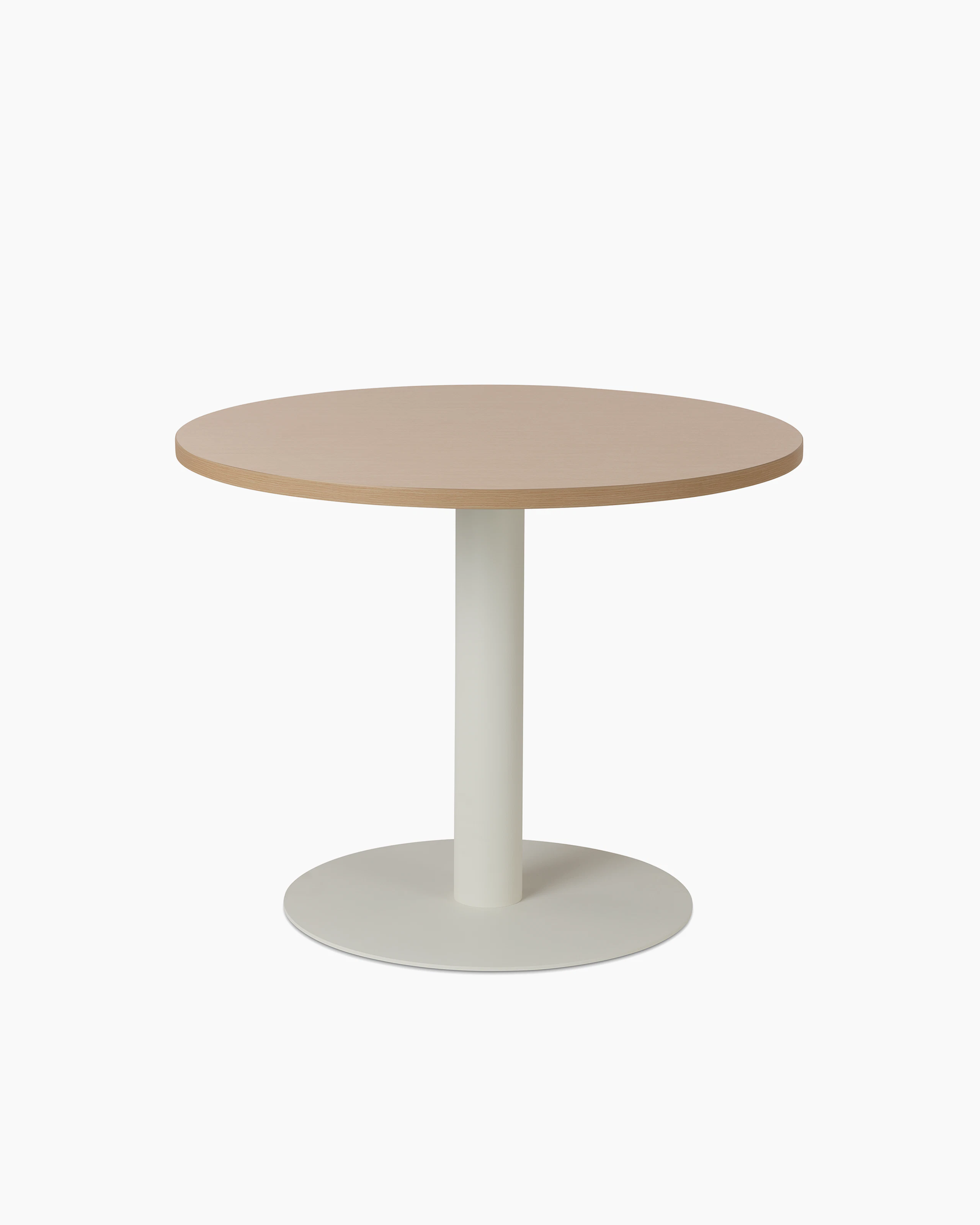 Headway Cafe Table, round top in clear on ash finish with white column and base.