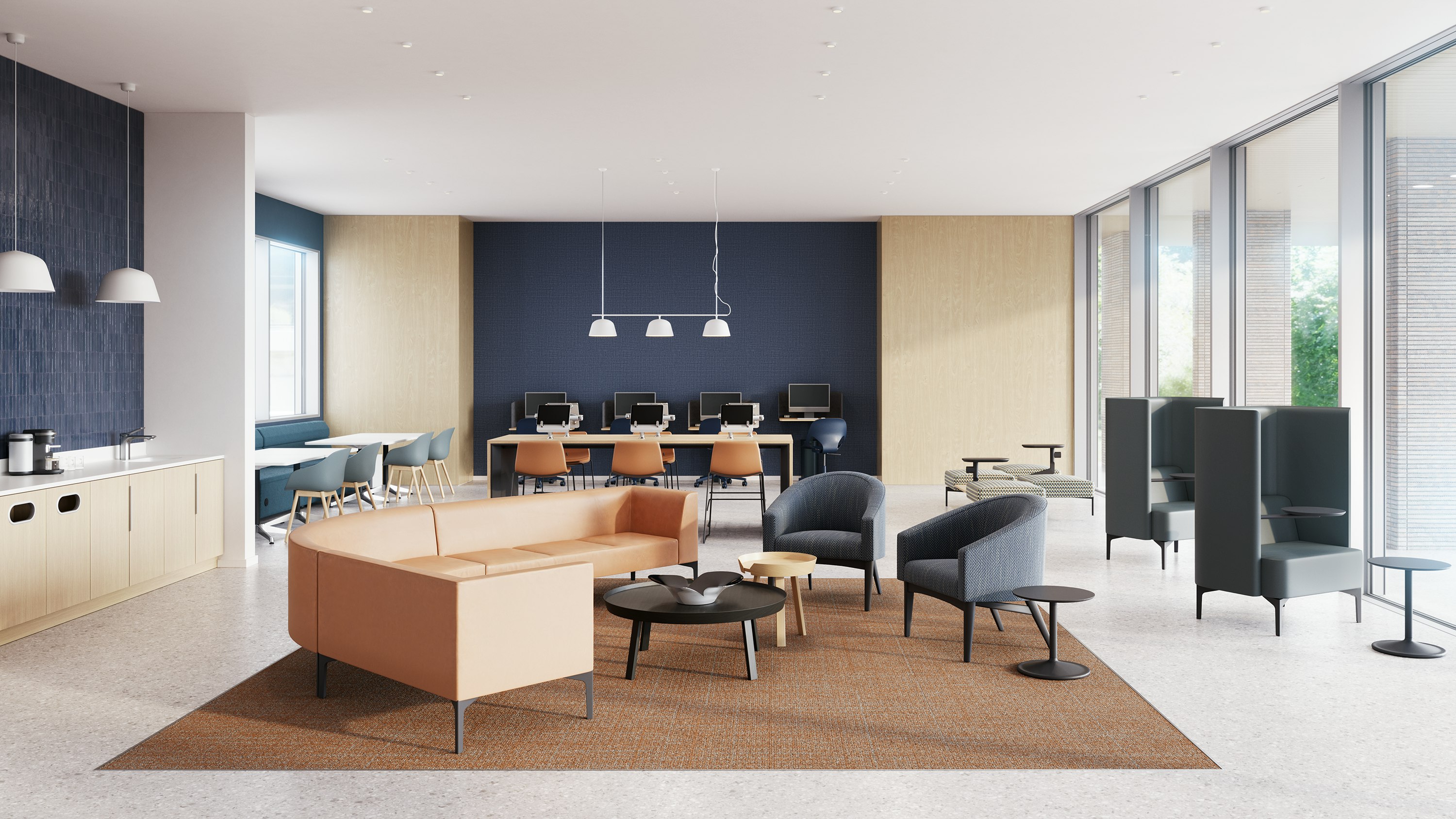 Respite and wellness area with a coffee bar furnished with Herman Miller Sophora Lounge Chairs, NaughtOne Pullman Chairs, HAY About A Chairs, and other pieces from the MillerKnoll portfolio.