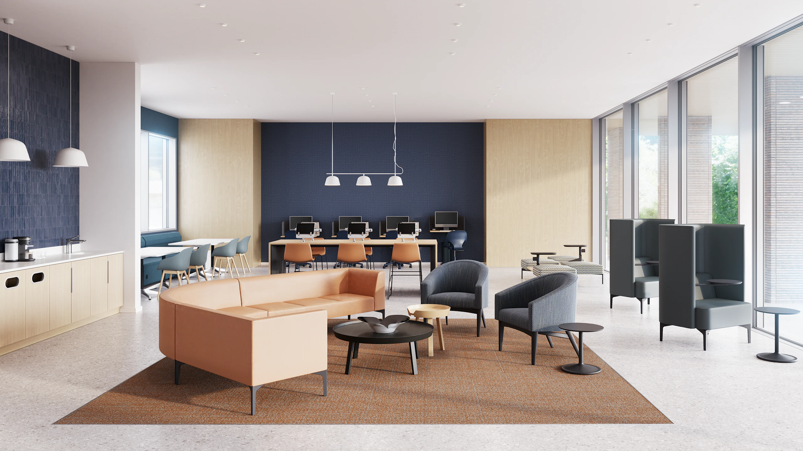 Respite and wellness area with a coffee bar furnished with Herman Miller Sophora Lounge Chairs, NaughtOne Pullman Chairs, HAY About A Chairs, and other pieces from the MillerKnoll portfolio.