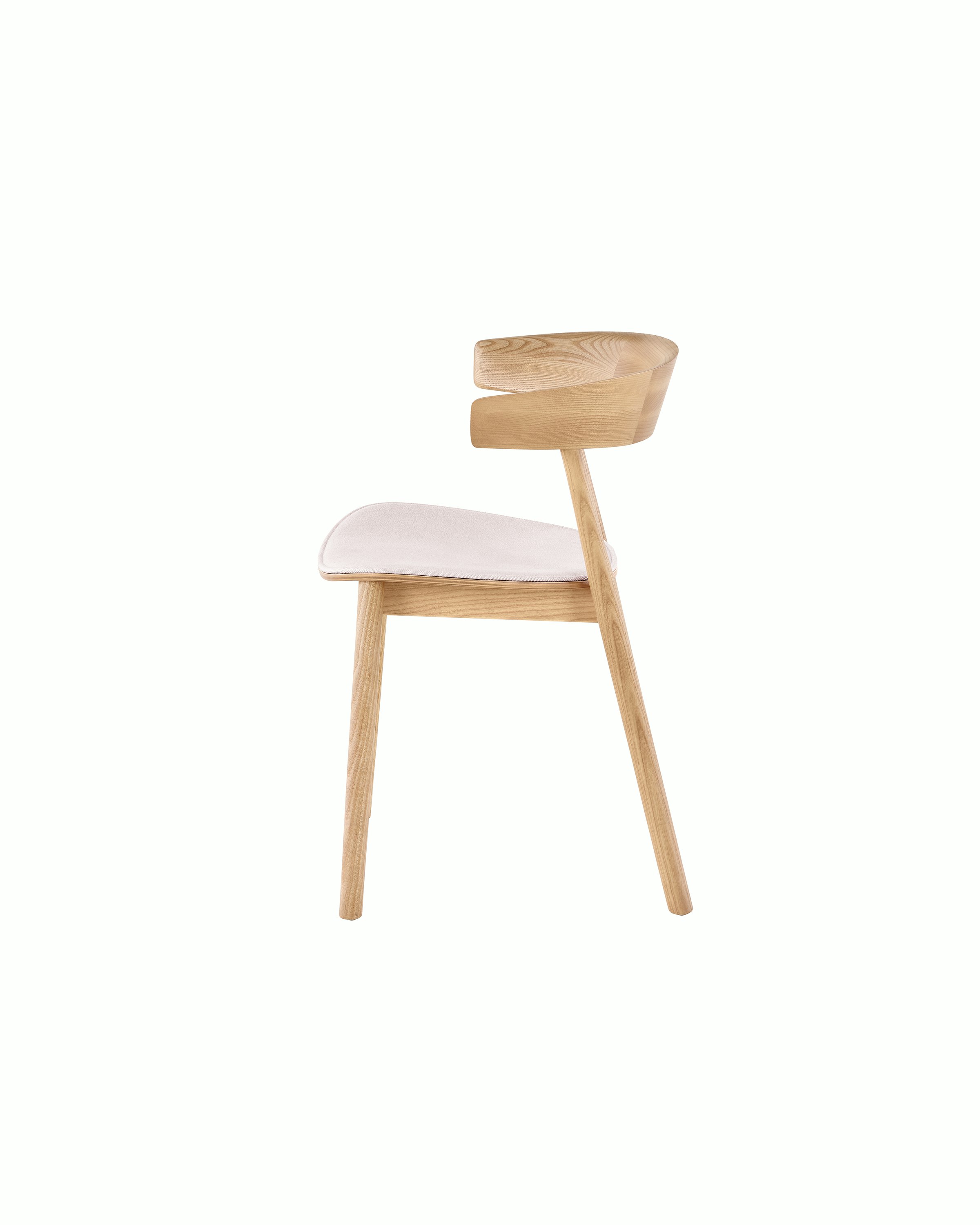 An oak colored Leeway Chair featuring a pink seat cushion.