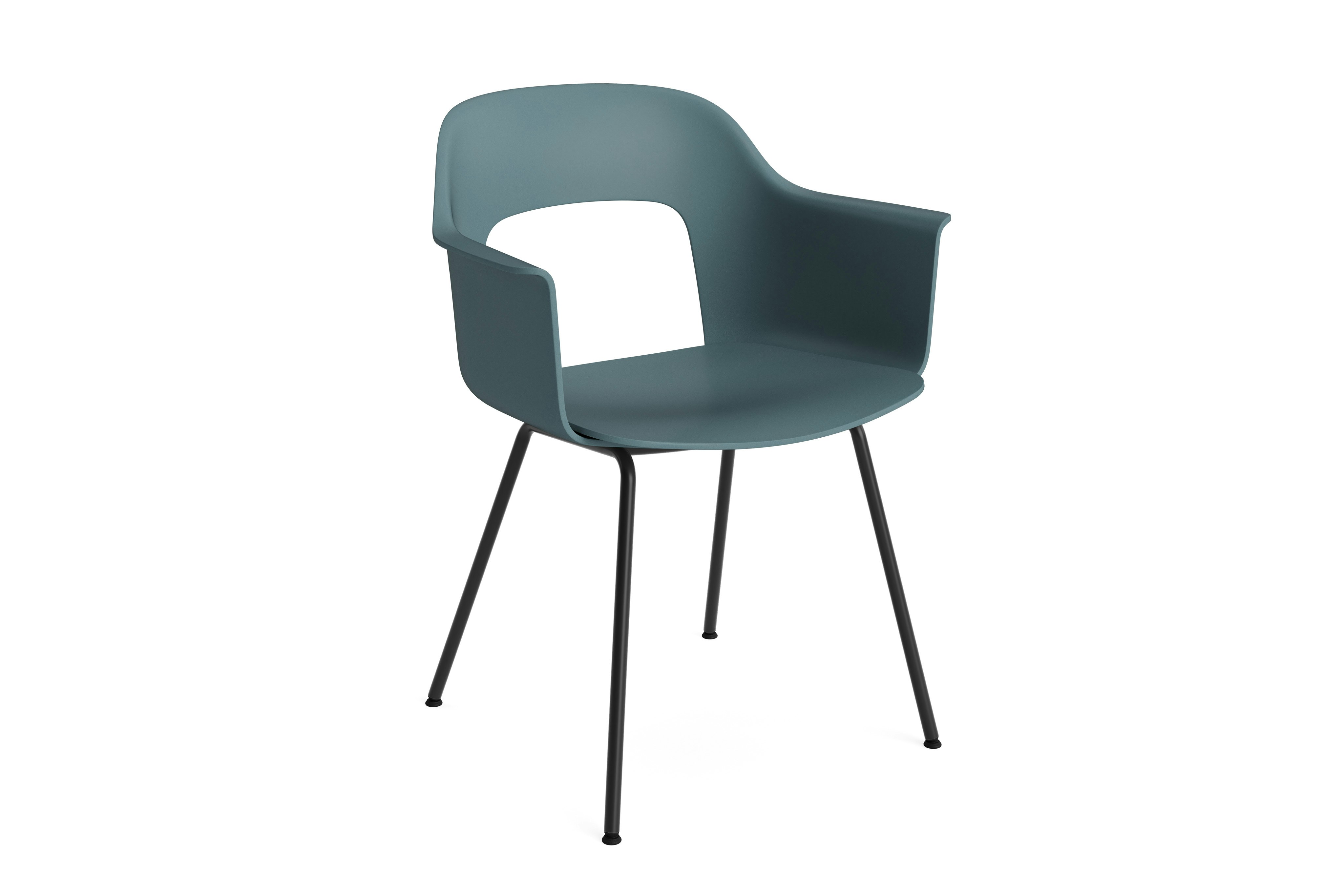 Plastic shell armchair on 4 metal legs, angled view