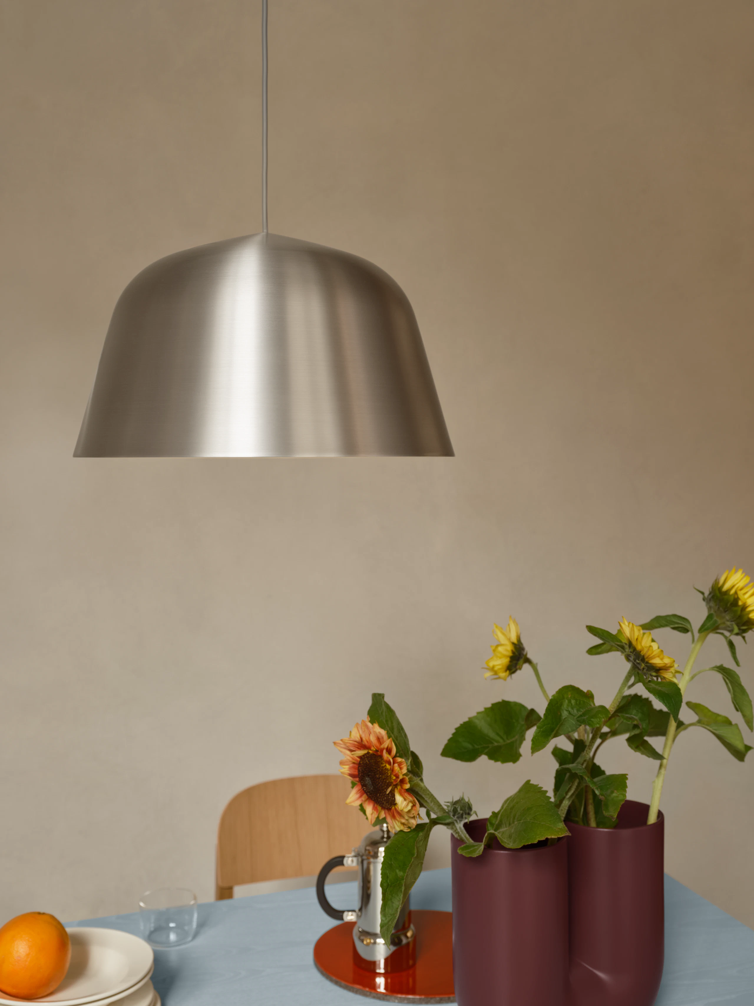 Ambit Pendant Dia40 in Brushed Steel - Re-norm 130cm in Light Blue - Workshop Chair in Oak - Kink Vase in Deep Red