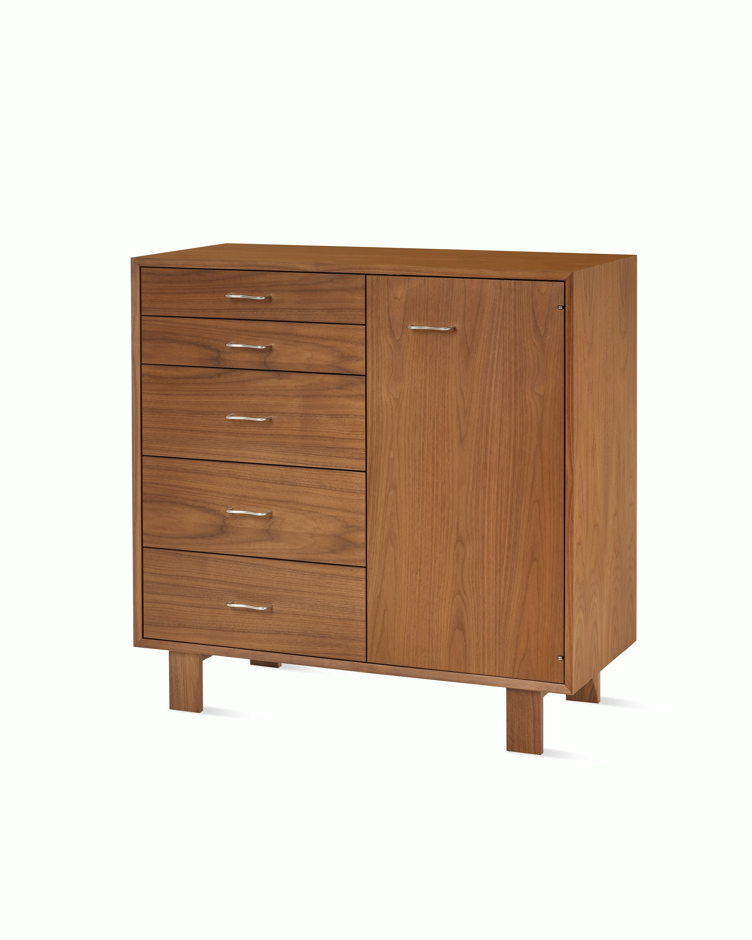 Nelson Basic Cabinet Series 5 drawers, one door, standard square legs, wavy pulls, in walnut.
