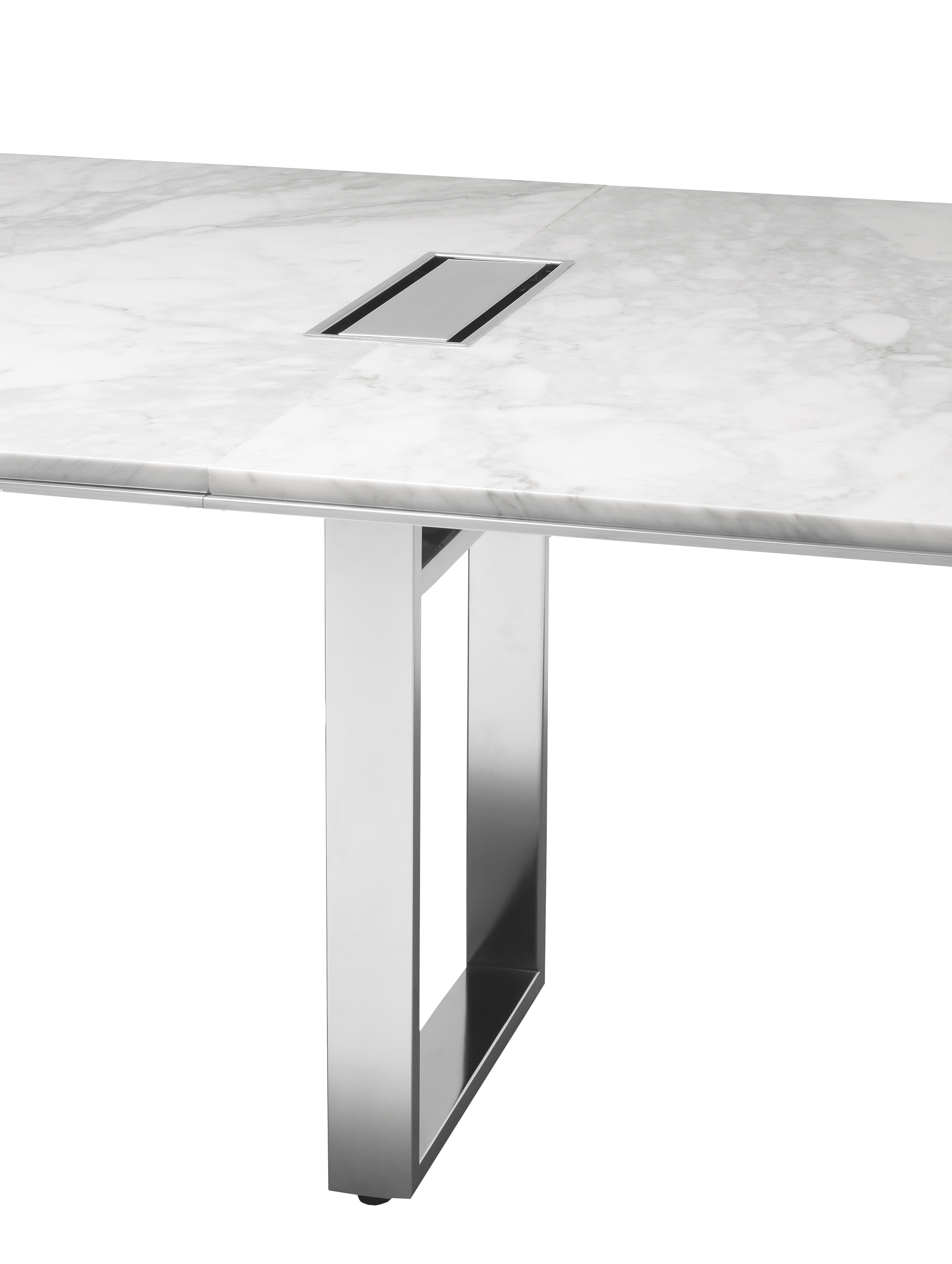 Highline Conference Table with White Carrara top, Polished Chrome base, Metal Edge detail, tabletop power, base detail view.