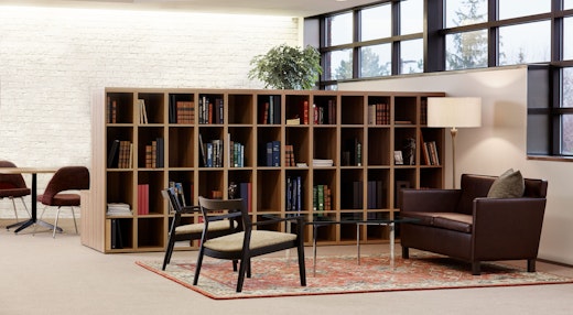 Knoll Essentials anchor storage open lockers Barcelona table Krusin lounge chair Krefeld lounge settee Saarinen Executive Armless chair Community Space Activity Space Library