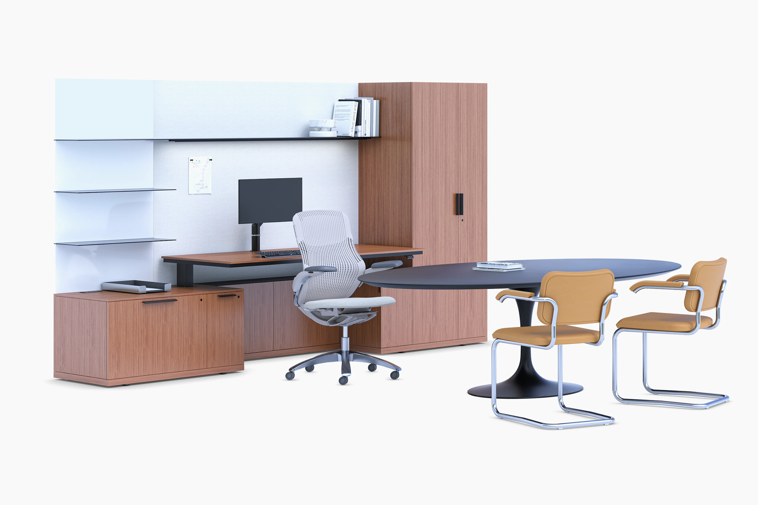 A private office featuring light brown woodgrain veneer, white backpainted glass workwall with multiple shelves, a height-adjustable table and task chair.
